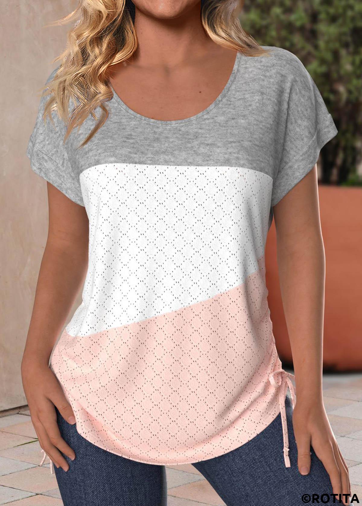 Dusty Pink tops,Grey tops,Contrast Color tops,ROTITA Patchwork Dusty Pink Round Neck Short Sleeve T Shirt