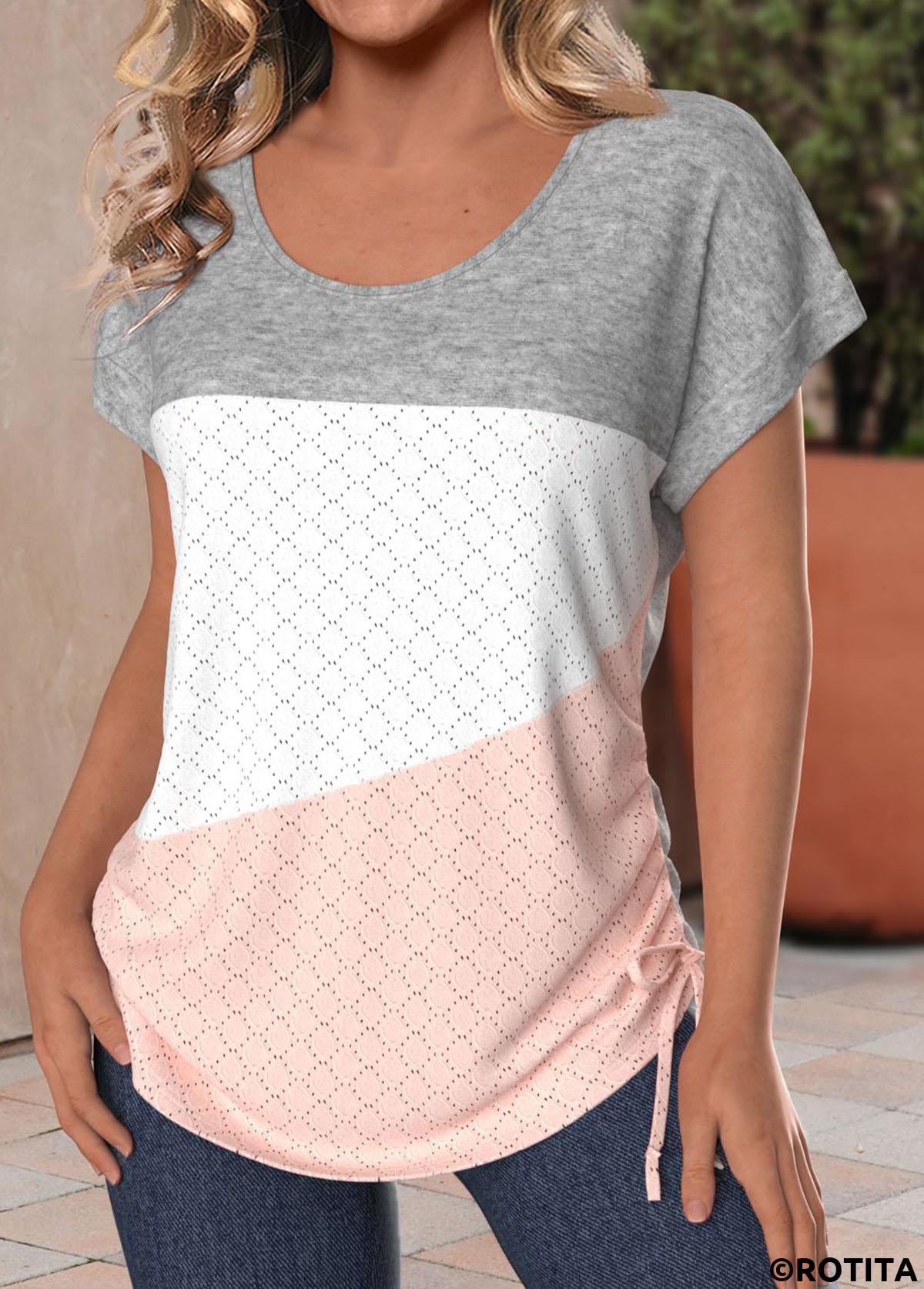 Dusty Pink tops,Grey tops,Contrast Color tops,ROTITA Patchwork Dusty Pink Round Neck Short Sleeve T Shirt