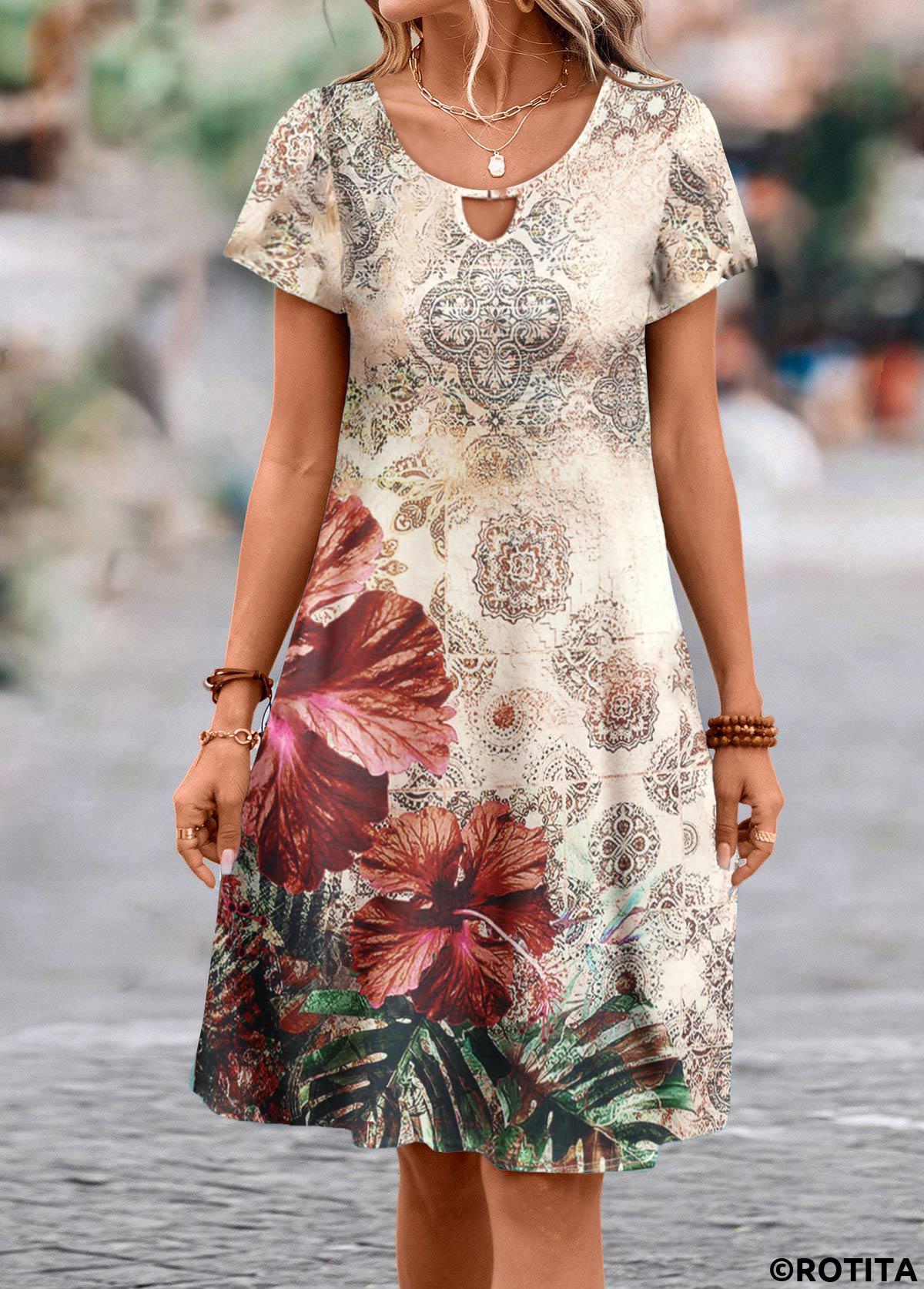 Multi Color dresses,Floral dresses,Plants dresses,Tribal dresses,Everyday dresses,Casual dresses,ROTITA Cut Out Floral Print Multi Color A Line Dress