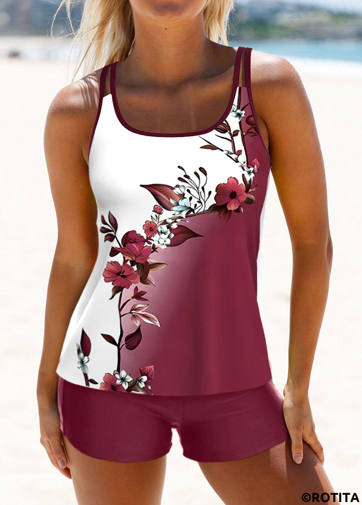 Deep Red swimwear,White swimwear,Floral swimwear,Plants swimwear,ROTITA Patchwork Deep Red Floral Print Tankini Set