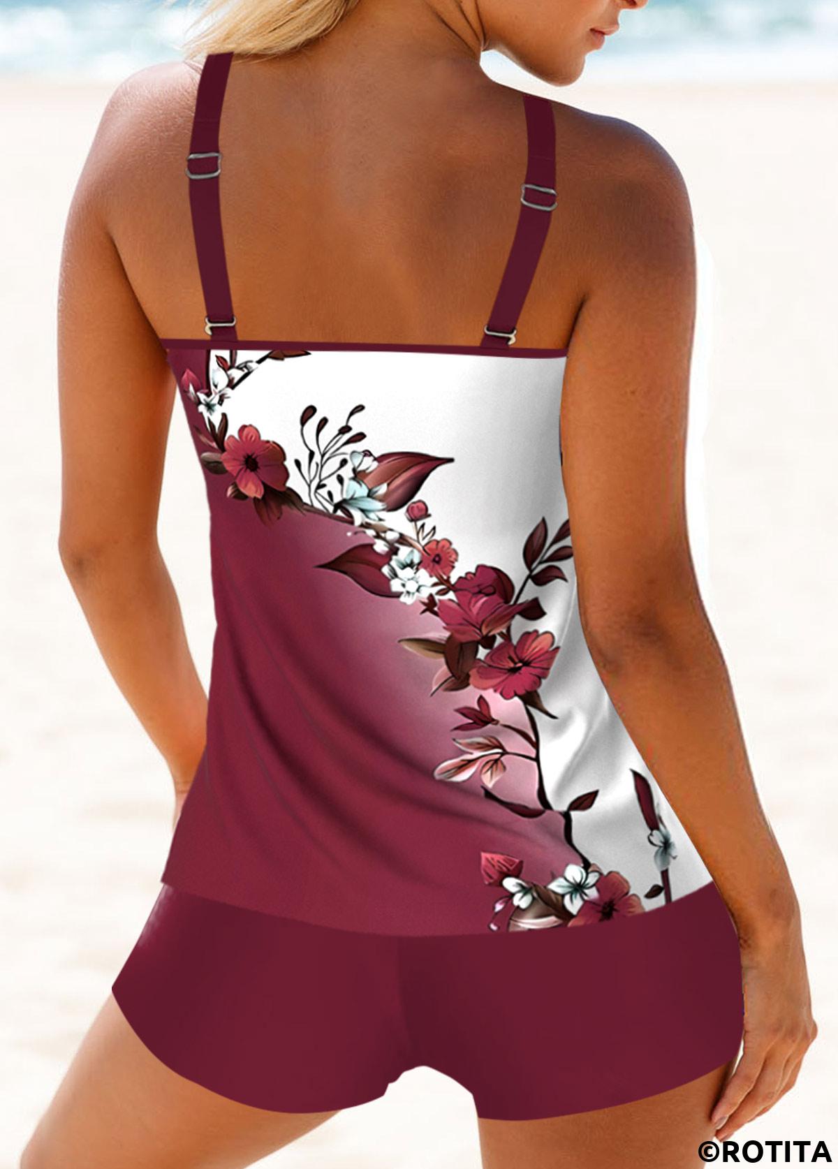 Deep Red swimwear,White swimwear,Floral swimwear,Plants swimwear,ROTITA Patchwork Deep Red Floral Print Tankini Set