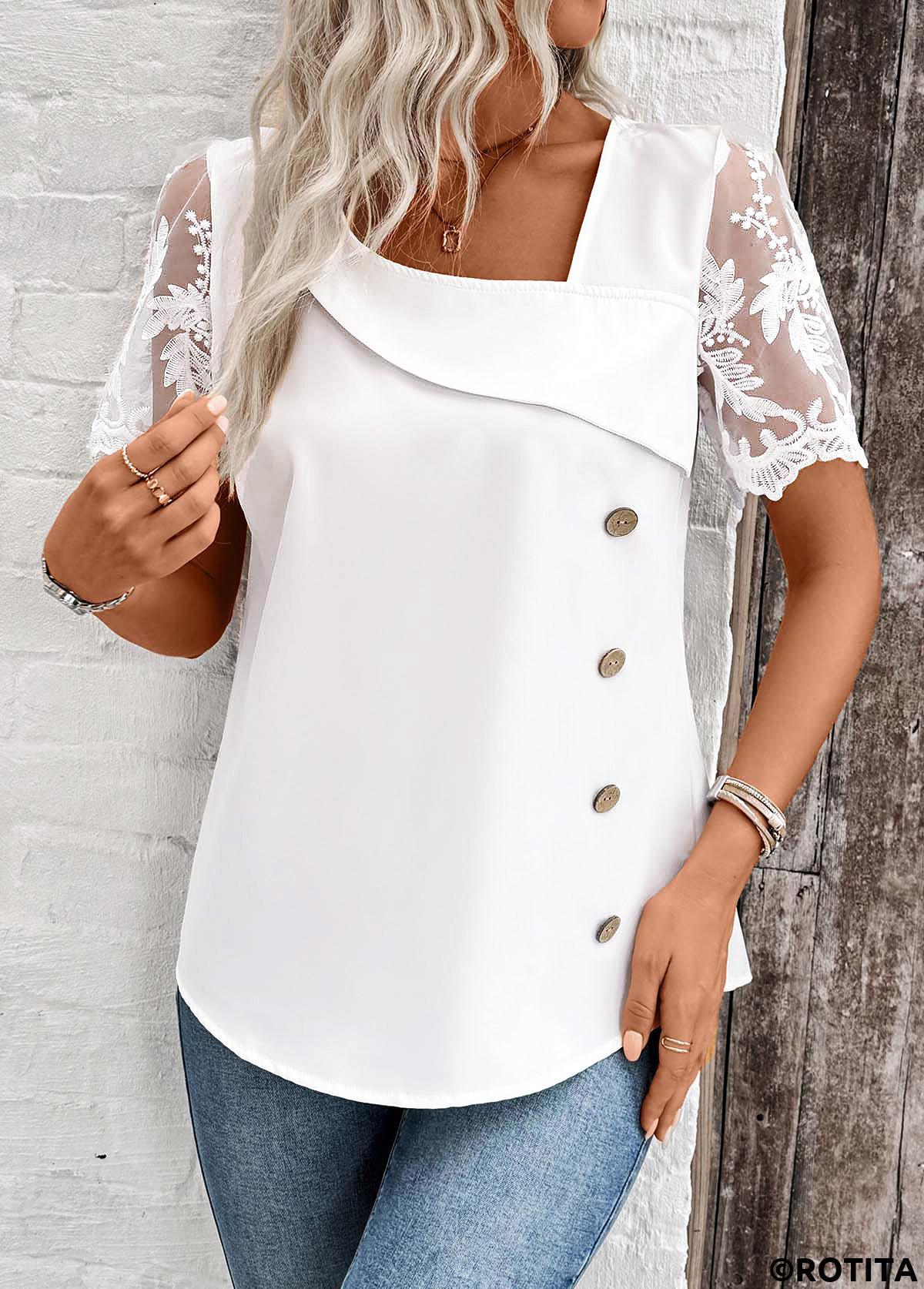 White tops,Plain Color tops,ROTITA Patchwork White Asymmetrical Neck Short Sleeve Blouse