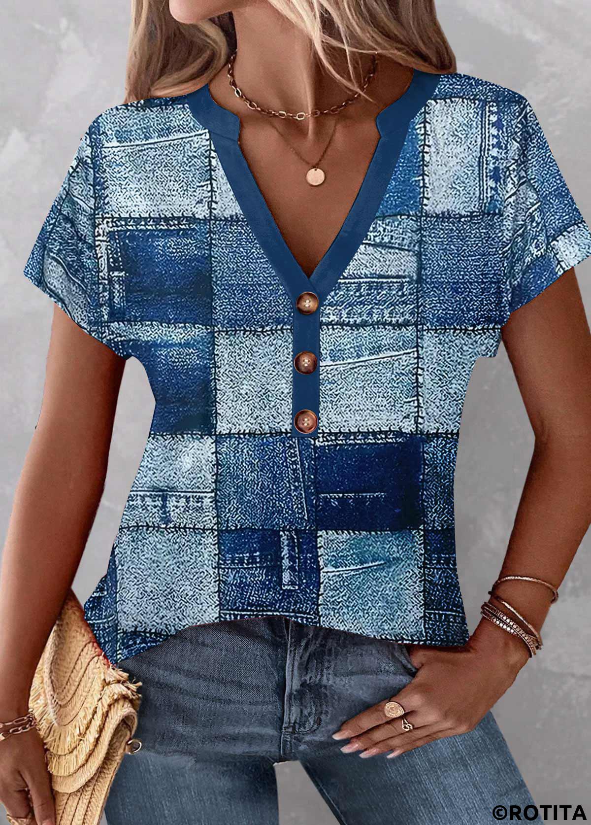 Blue tops,Geometric tops,Plaid tops,Denim-Effect Print tops,ROTITA Button Geometric Print Blue Split Neck Short Sleeve Blouse