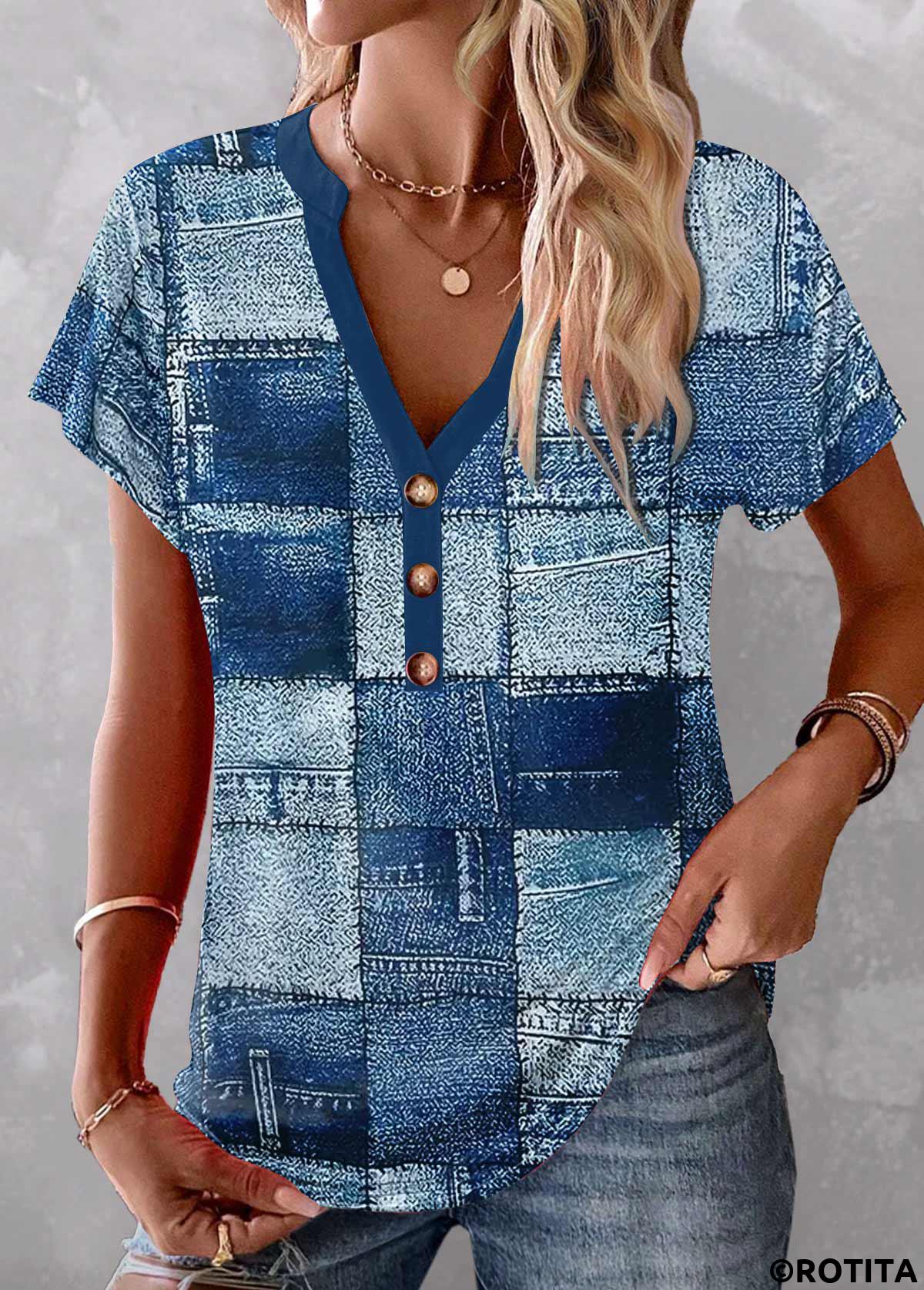 Blue tops,Geometric tops,Plaid tops,Denim-Effect Print tops,ROTITA Button Geometric Print Blue Split Neck Short Sleeve Blouse
