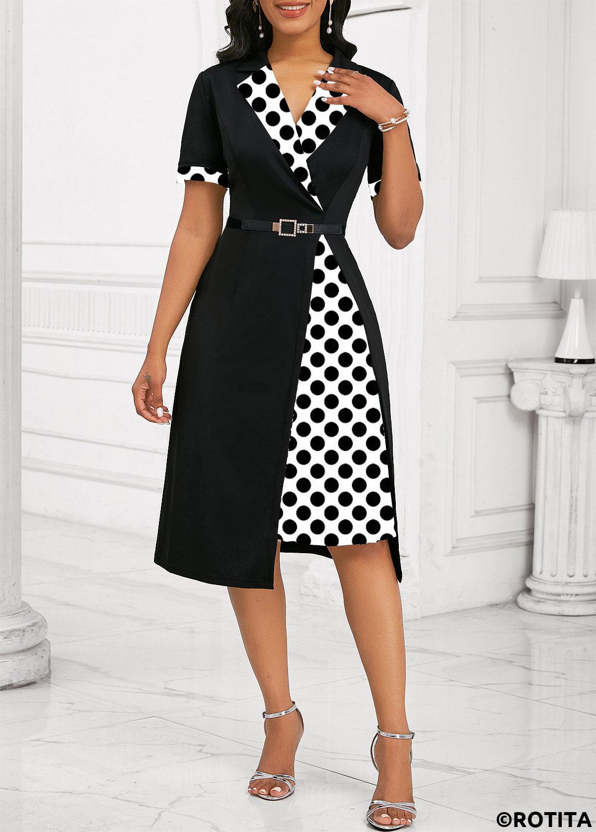 Rotita Patchwork-Kleid mit Polka Dots und schwarzem Revers und kurzen Ärmeln