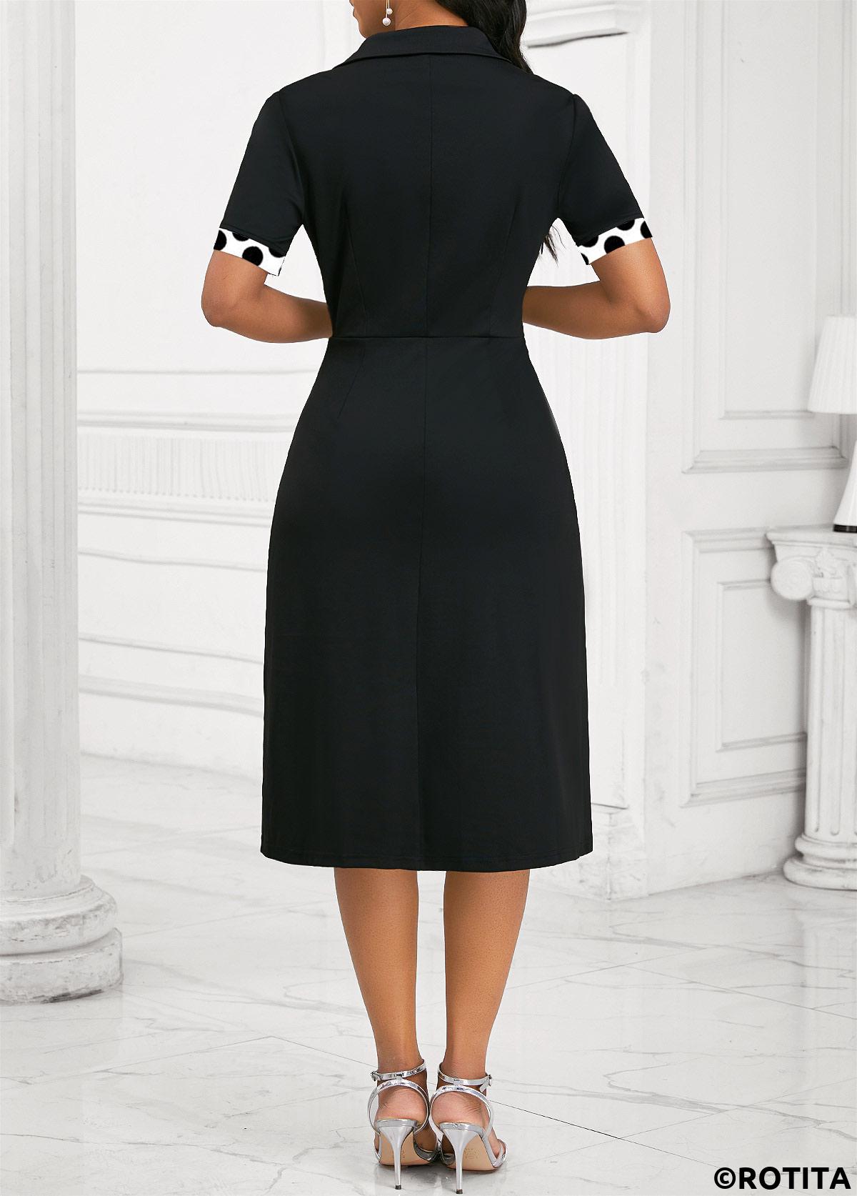 Rotita Patchwork-Kleid mit Polka Dots und schwarzem Revers und kurzen Ärmeln