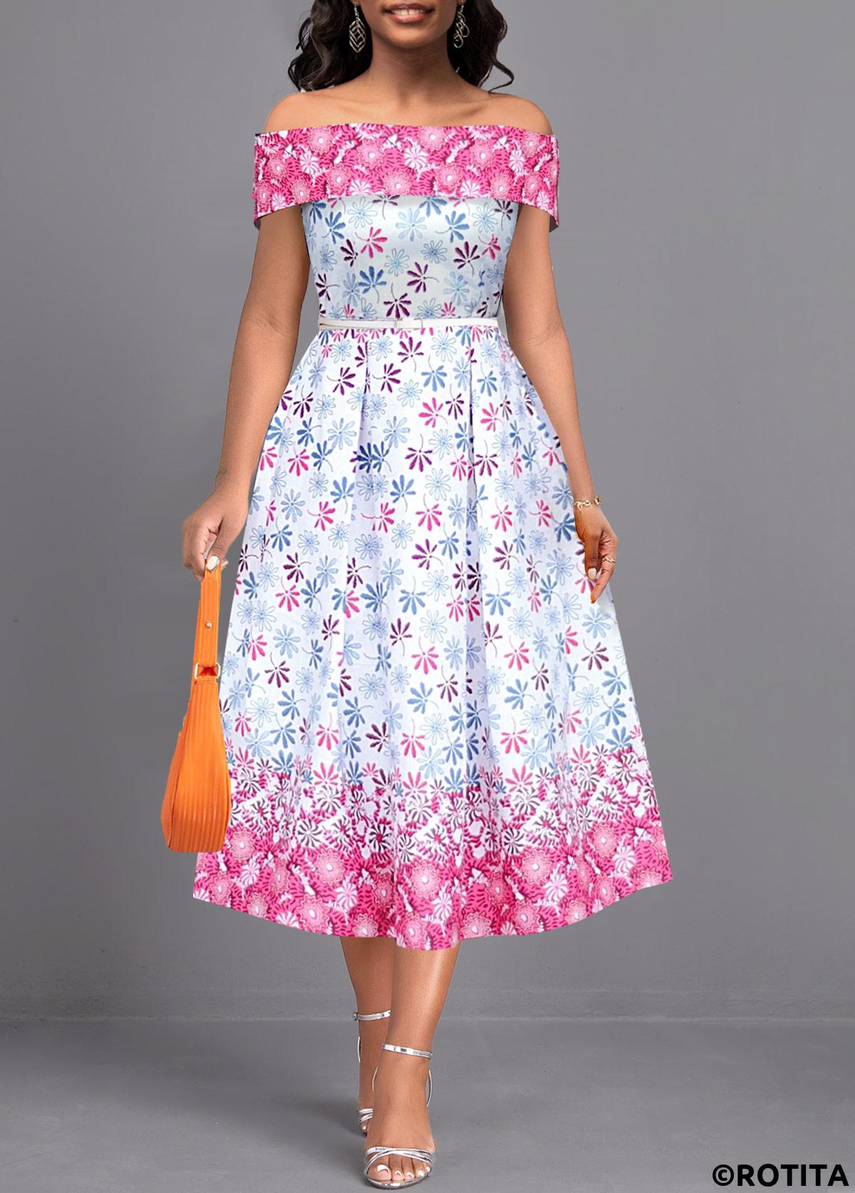 Multi Color dresses,White dresses,Ditsy Floral dresses,Party dresses,Elegant dresses,ROTITA Patchwork Ditsy Floral Print Multi Color Off Shoulder Dress