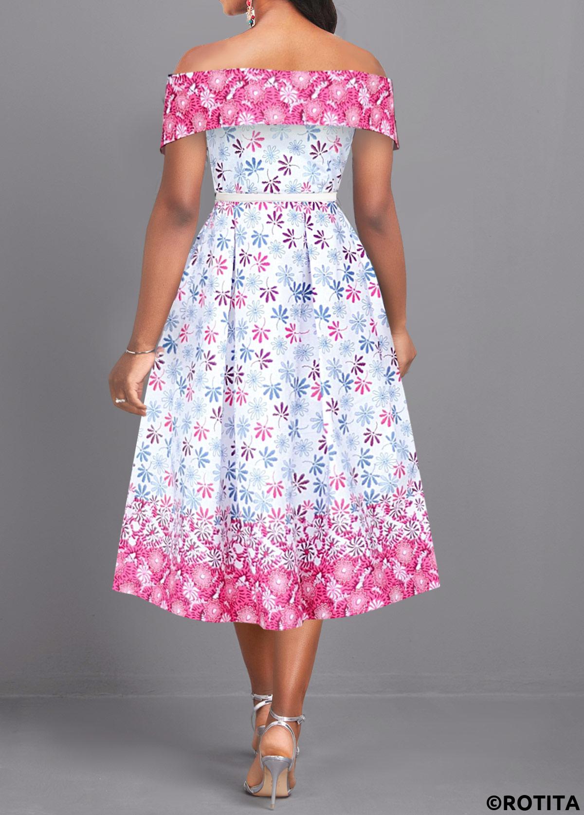 Multi Color dresses,White dresses,Ditsy Floral dresses,Party dresses,Elegant dresses,ROTITA Patchwork Ditsy Floral Print Multi Color Off Shoulder Dress