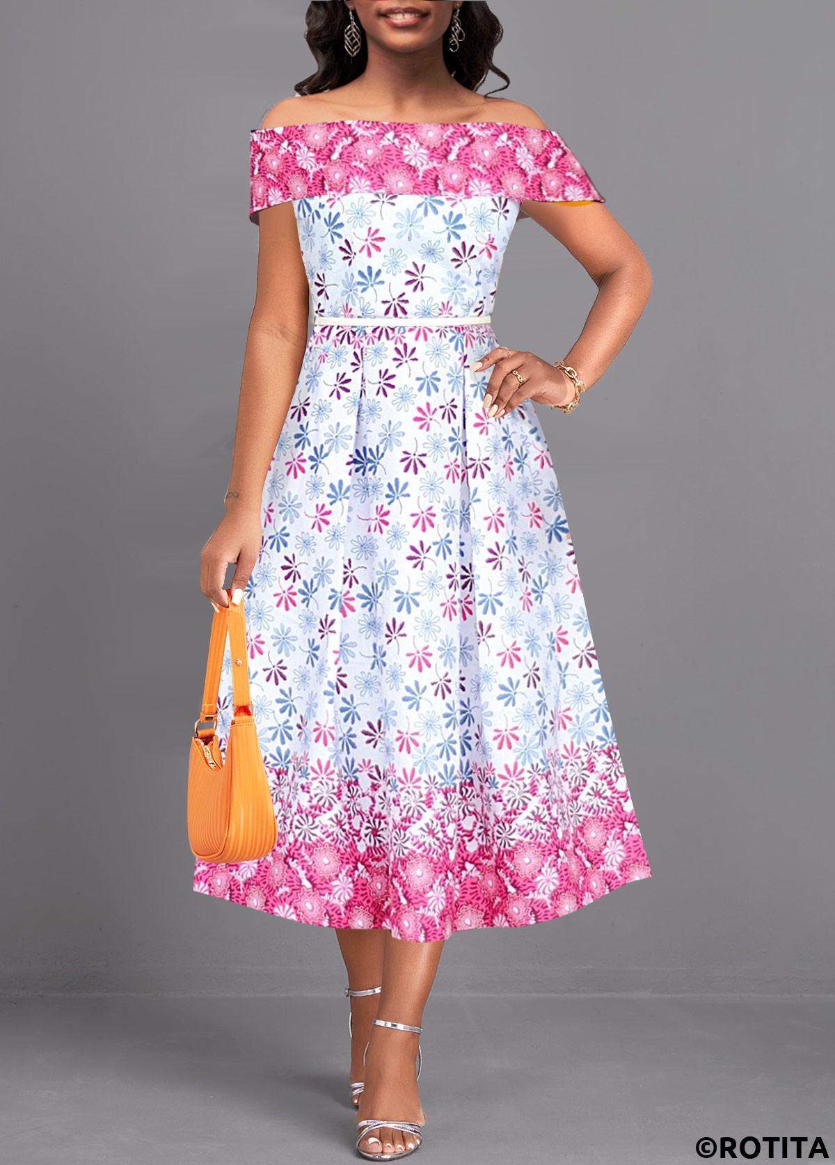 Multi Color dresses,White dresses,Ditsy Floral dresses,Party dresses,Elegant dresses,ROTITA Patchwork Ditsy Floral Print Multi Color Off Shoulder Dress