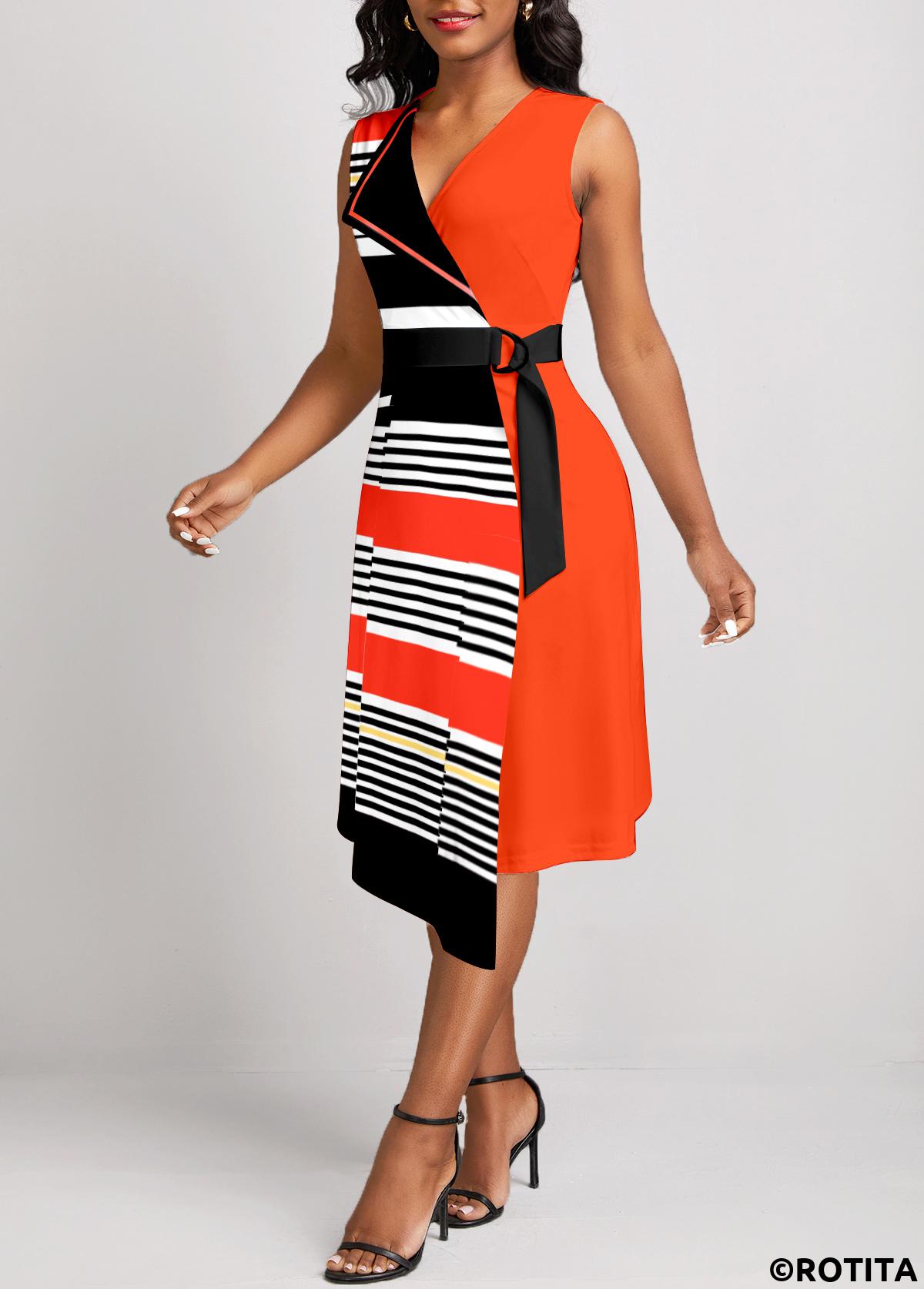 Orange dresses,Striped dresses,Geometric dresses,Party dresses,Elegant dresses,Patchwork Striped Orange V Neck Sleeveless Dress