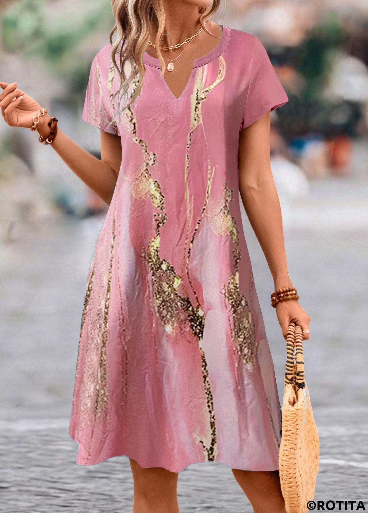 Pink dresses,Marble dresses,Everyday dresses,Casual dresses,ROTITA Breathable Marble Print Pink A Line Split Neck Dress