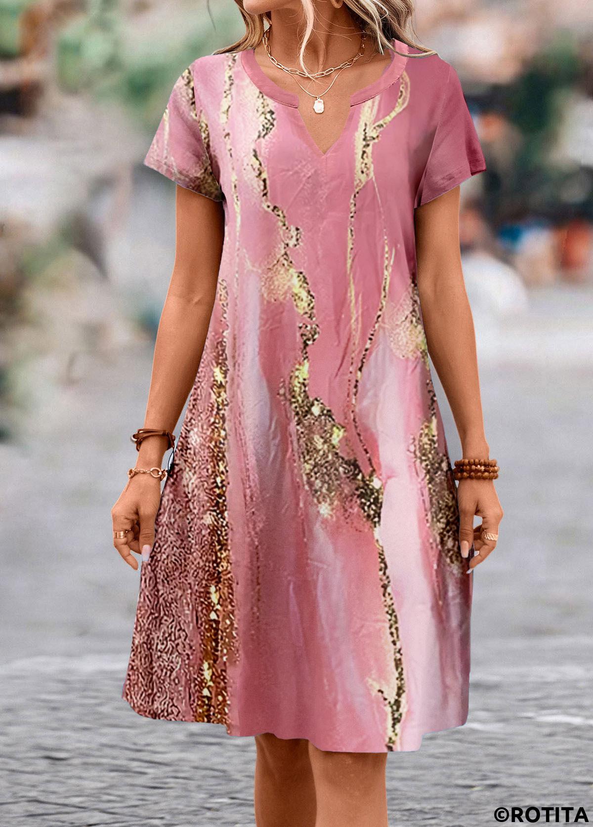 Pink dresses,Marble dresses,Everyday dresses,Casual dresses,ROTITA Breathable Marble Print Pink A Line Split Neck Dress