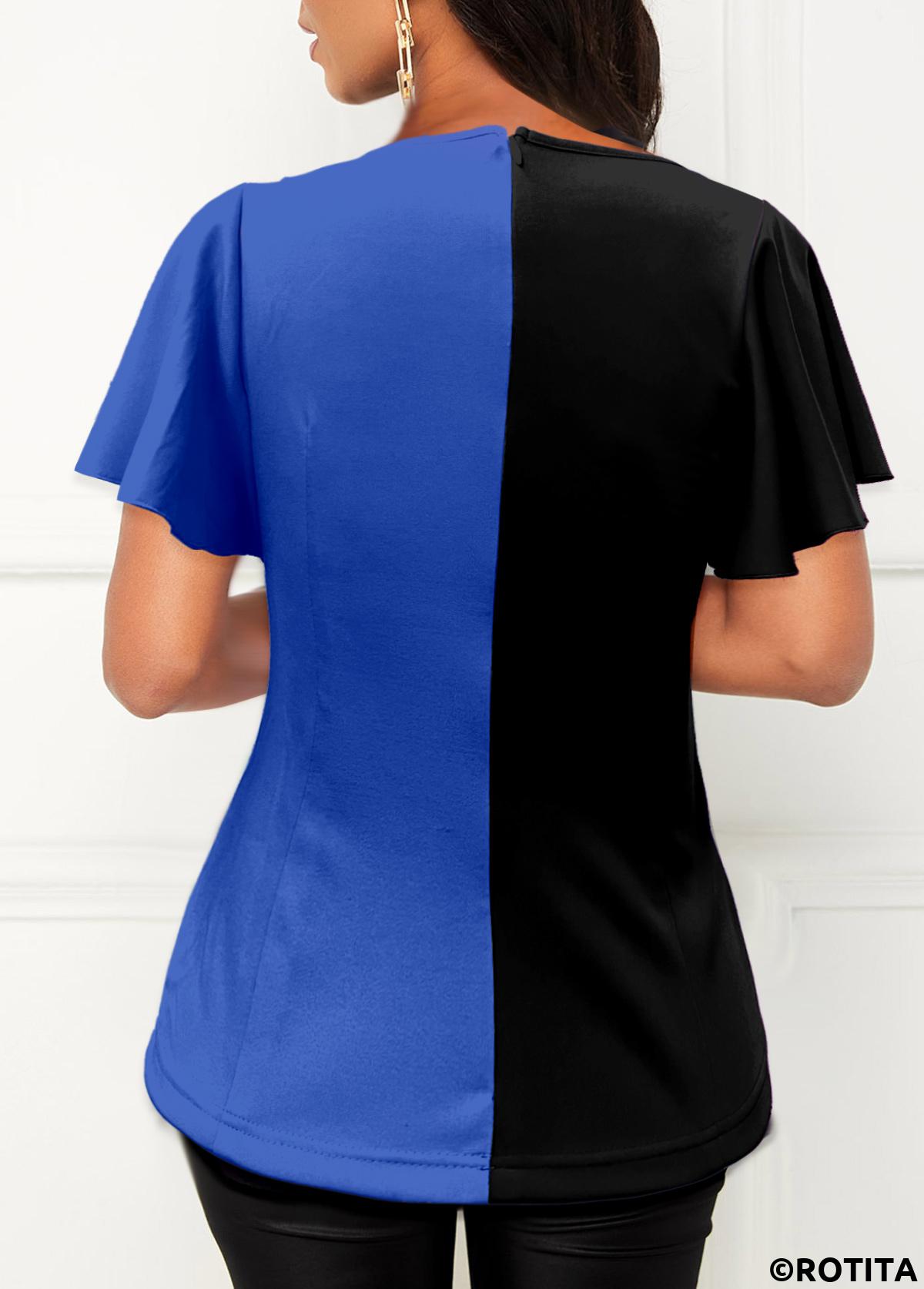 Royal Blue tops,Black tops,Contrast Color tops,ROTITA Asymmetry Royal Blue V Neck Short Sleeve Blouse