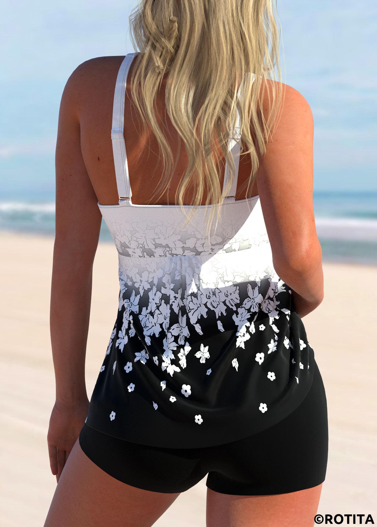 Black swimwear,White swimwear,Floral swimwear,Plants swimwear,ROTITA Lightweight Black Floral Print Tankini Top