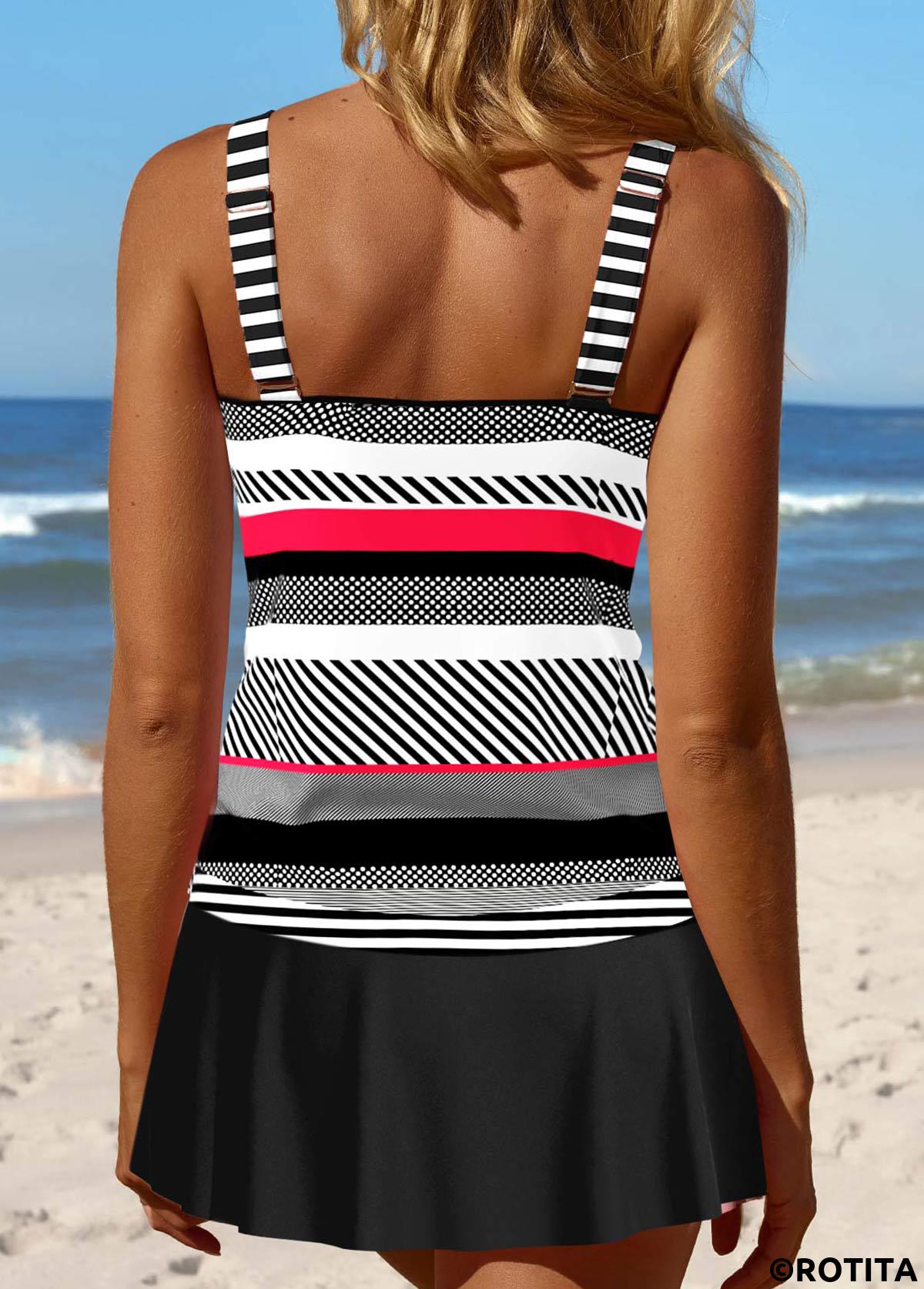 Black swimwear,Striped swimwear,Geometric swimwear,ROTITA Split V Neck Black Striped Tankini Set