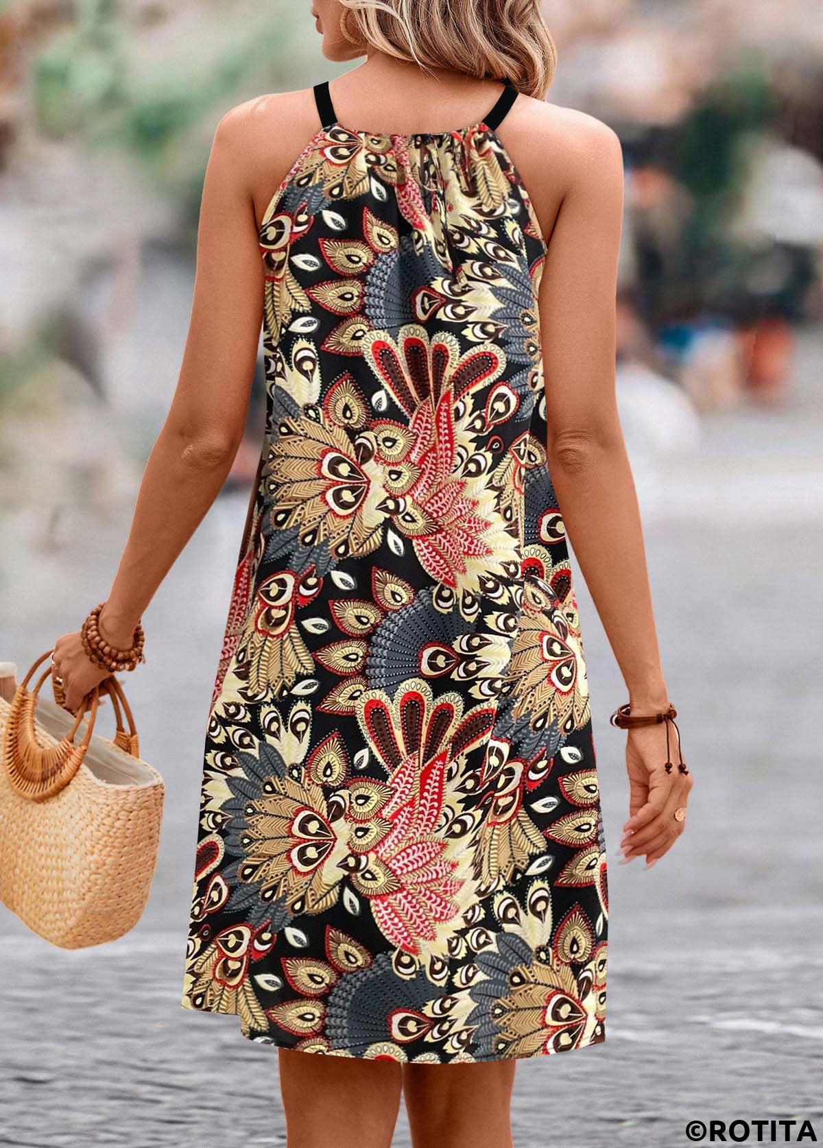 Black dresses,Multi Color dresses,Tribal dresses,Vacation dresses,Vacation dresses,ROTITA Cut Out Tribal Print Black A Line Sleeveless Dress