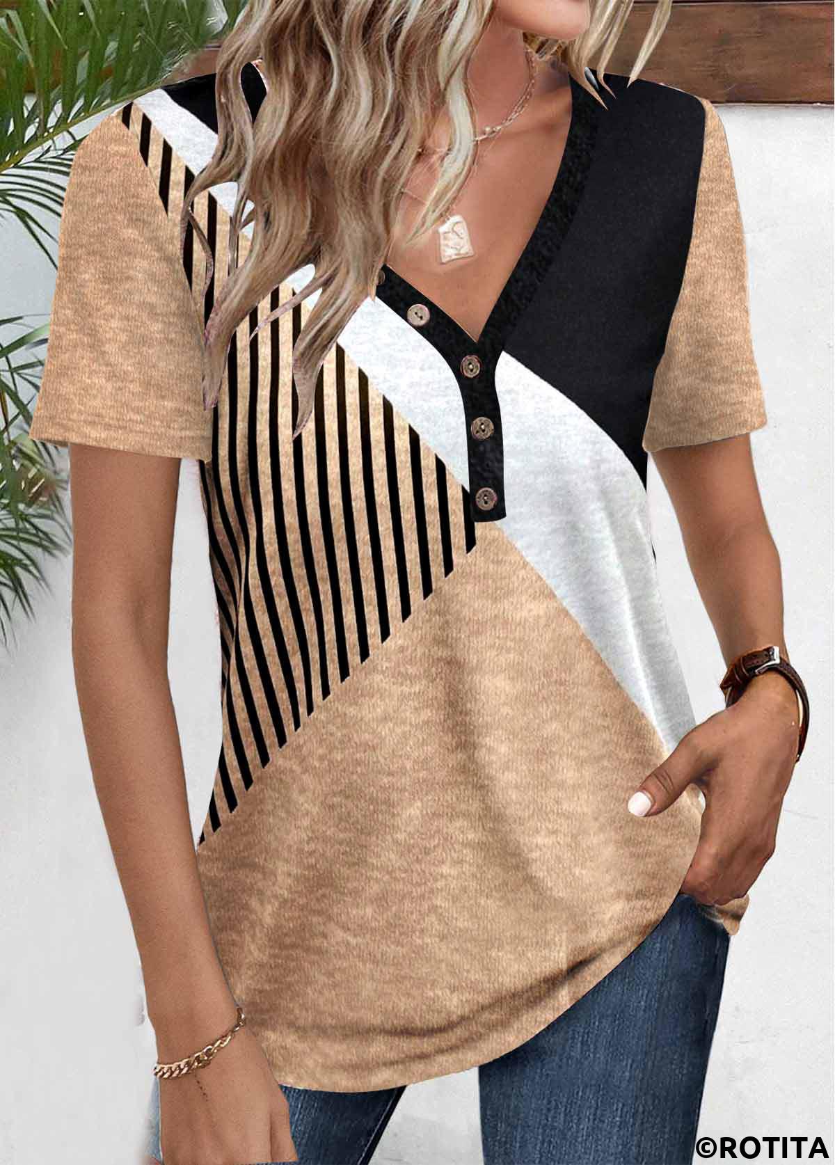 Light Camel tops,Geometric tops,Striped tops,ROTITA Patchwork Geometric Print Light Camel V Neck T Shirt