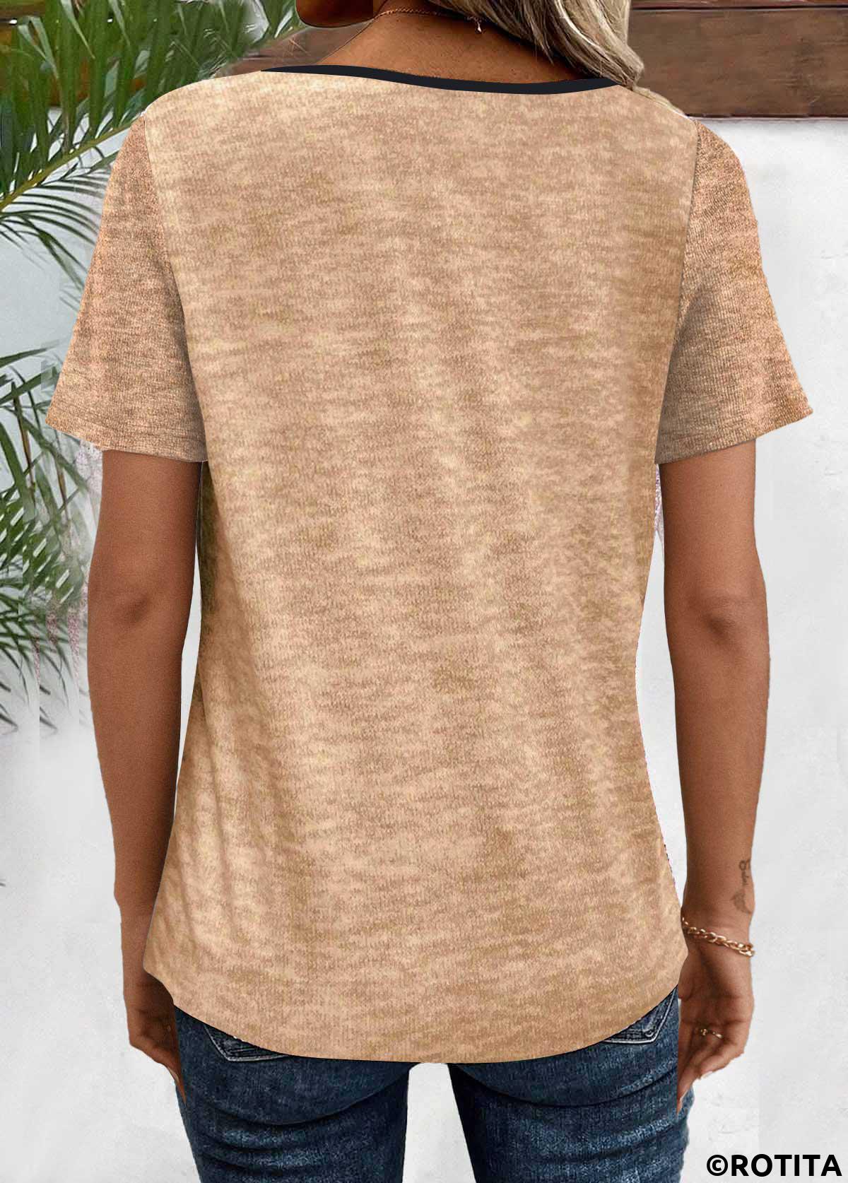 Light Camel tops,Geometric tops,Striped tops,ROTITA Patchwork Geometric Print Light Camel V Neck T Shirt