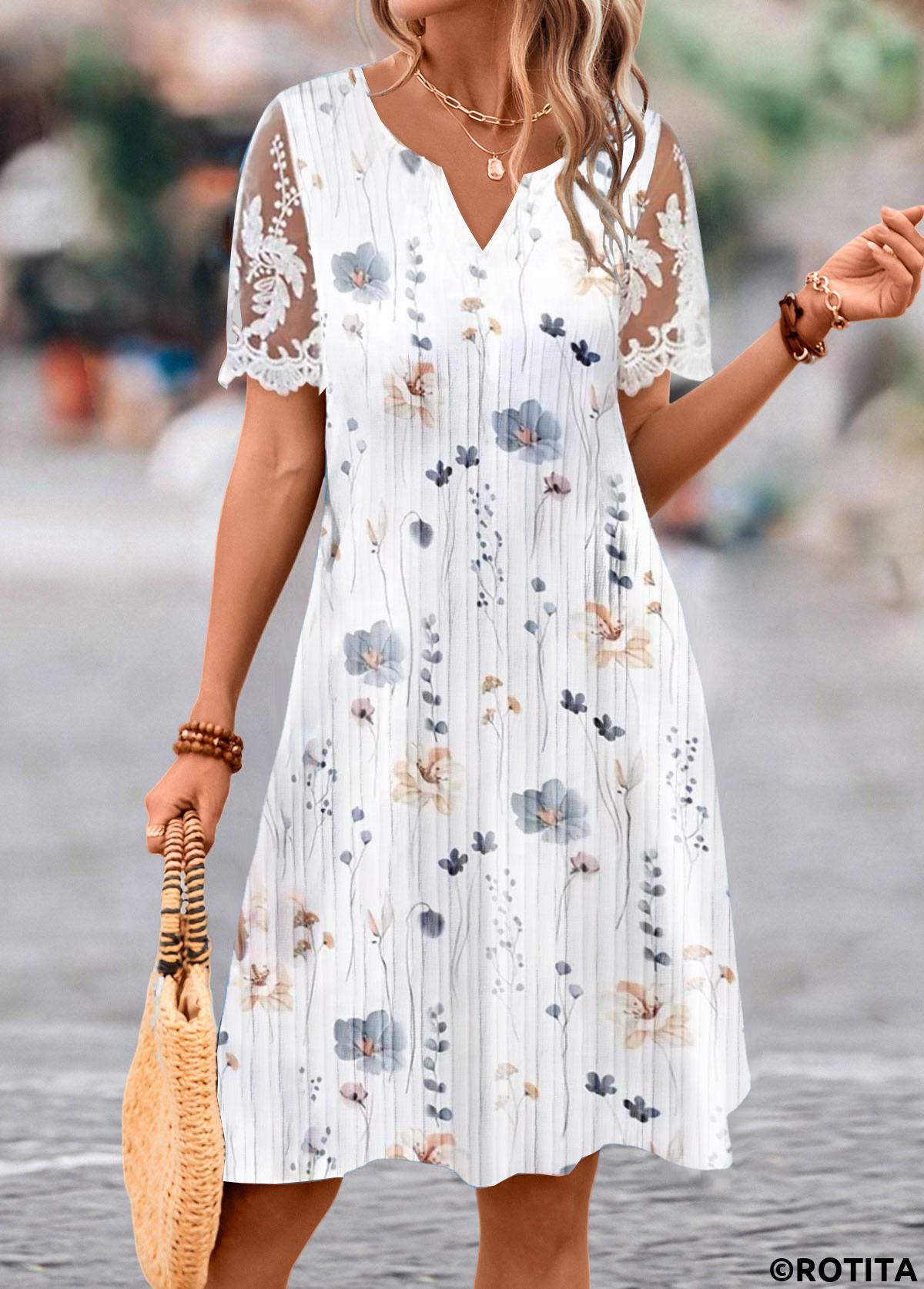 White dresses,Floral dresses,Plants dresses,Everyday dresses,Casual dresses,ROTITA Lace Floral Print White A Line Split Neck Dress