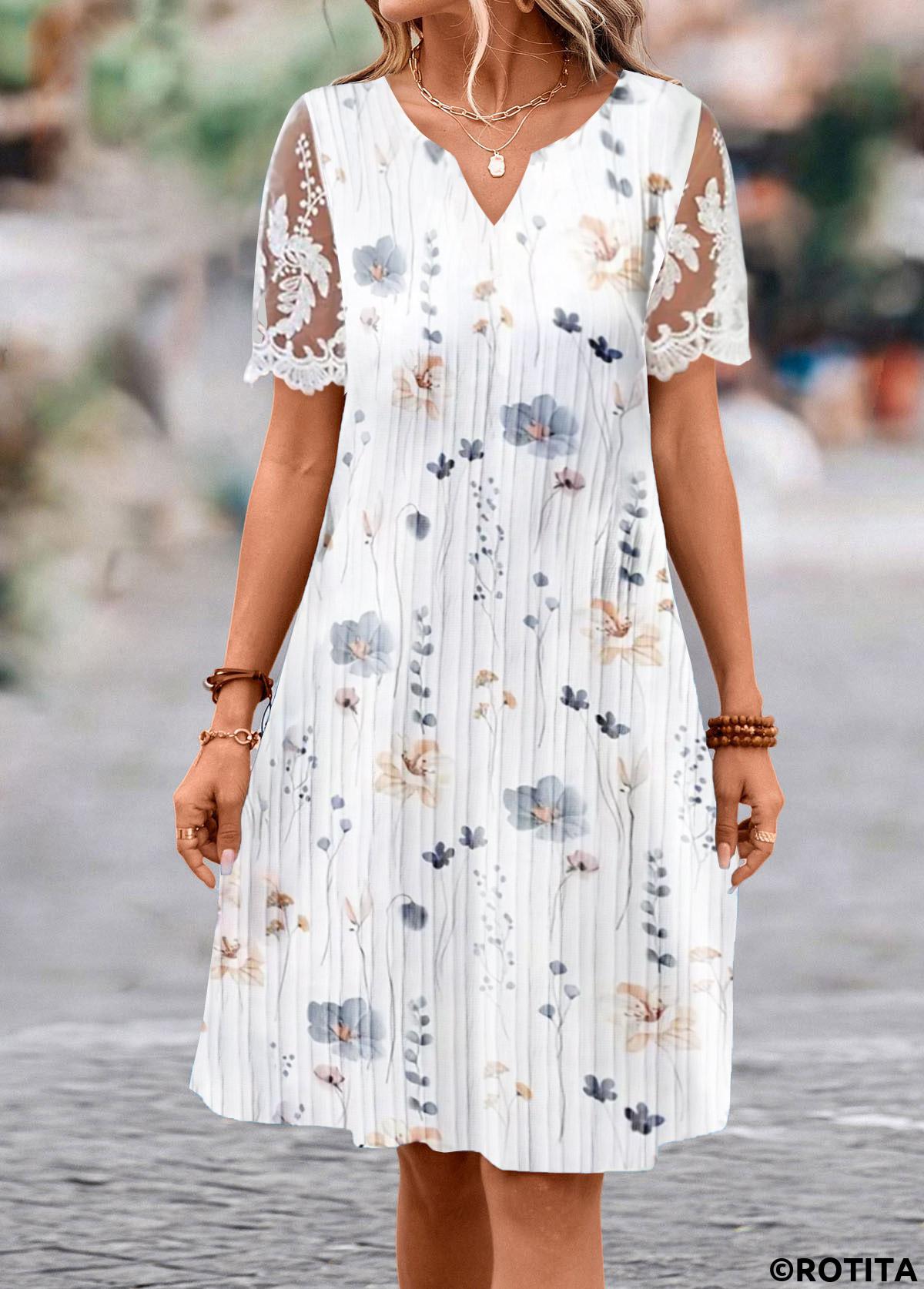 White dresses,Floral dresses,Plants dresses,Everyday dresses,Casual dresses,ROTITA Lace Floral Print White A Line Split Neck Dress