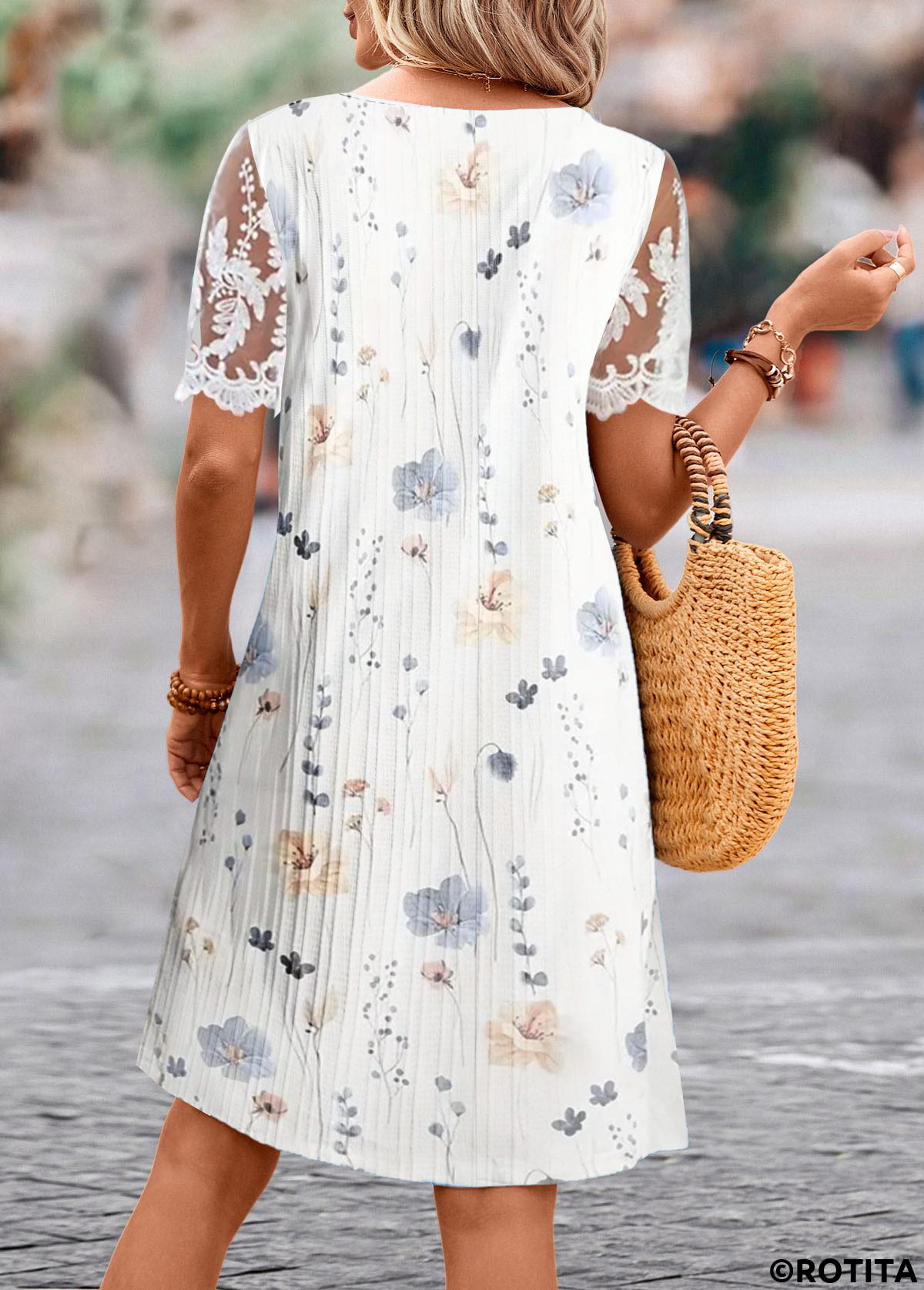 White dresses,Floral dresses,Plants dresses,Everyday dresses,Casual dresses,ROTITA Lace Floral Print White A Line Split Neck Dress