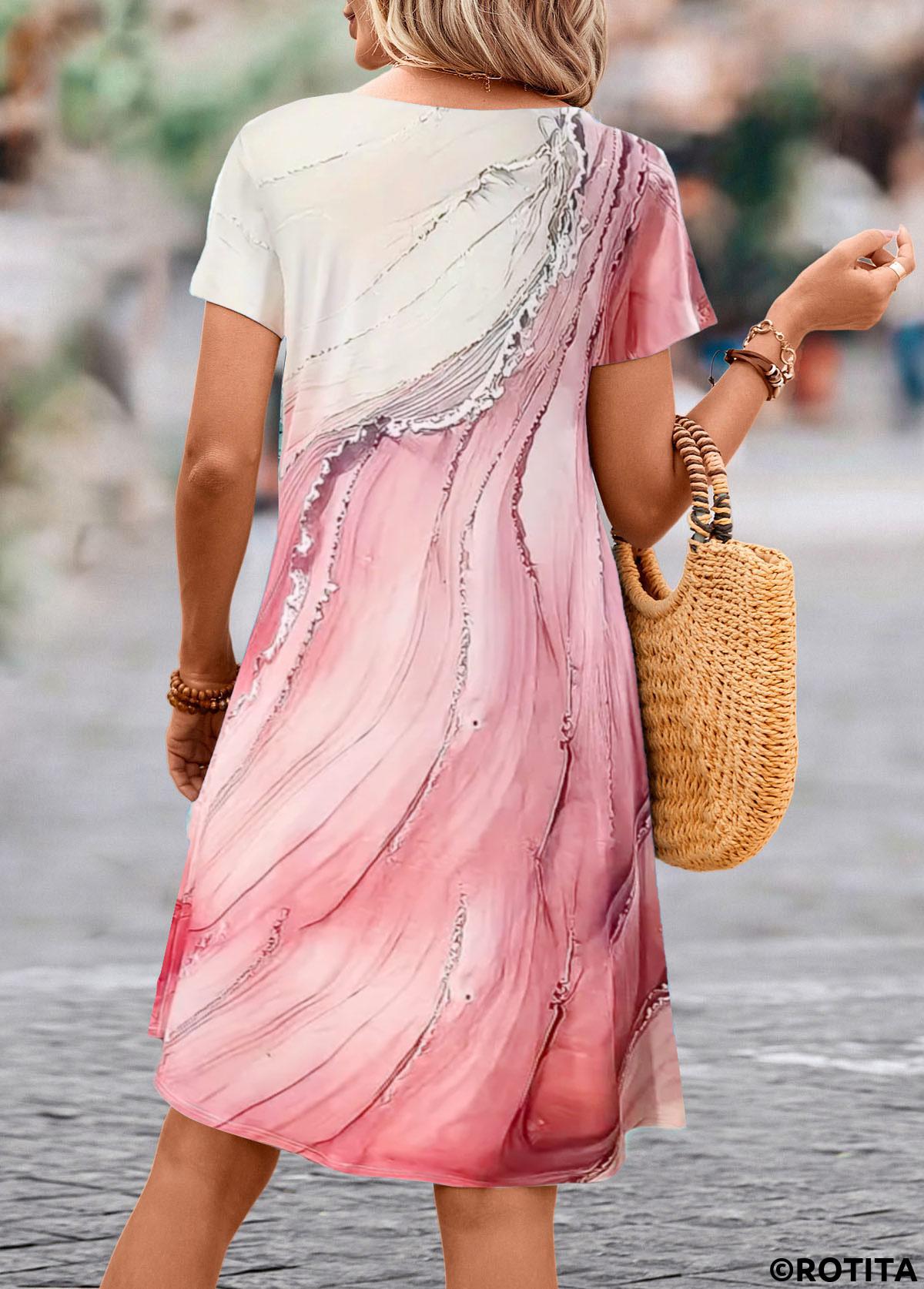 Pink dresses,Striped dresses,Geometric dresses,Everyday dresses,Casual dresses,ROTITA Asymmetry Wave Pattern Print Pink A Line Dress