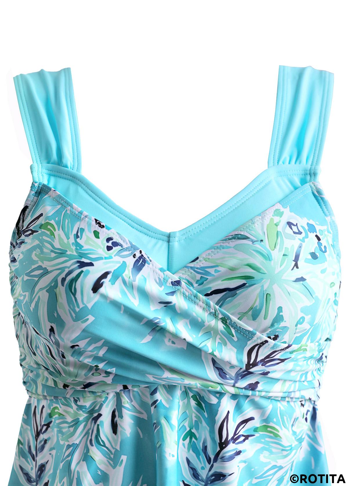 Cyan swimwear,Plants swimwear,ROTITA Surplice Cyan Leaf Print Mid Waisted Tankini Set