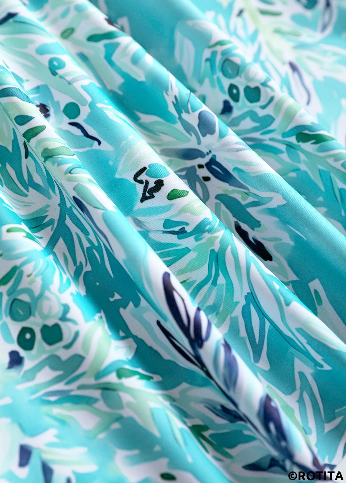 Cyan swimwear,Plants swimwear,ROTITA Surplice Cyan Leaf Print Mid Waisted Tankini Set