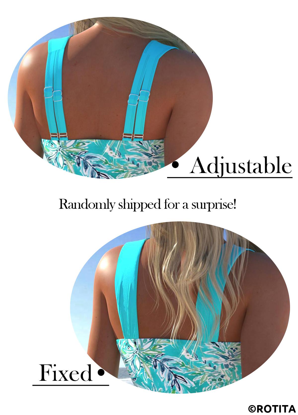 Cyan swimwear,Plants swimwear,ROTITA Surplice Cyan Leaf Print Mid Waisted Tankini Set