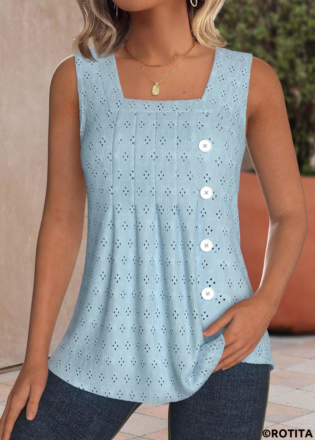 débardeur sans manches à col carré bleu poussiéreux en jacquard rotita