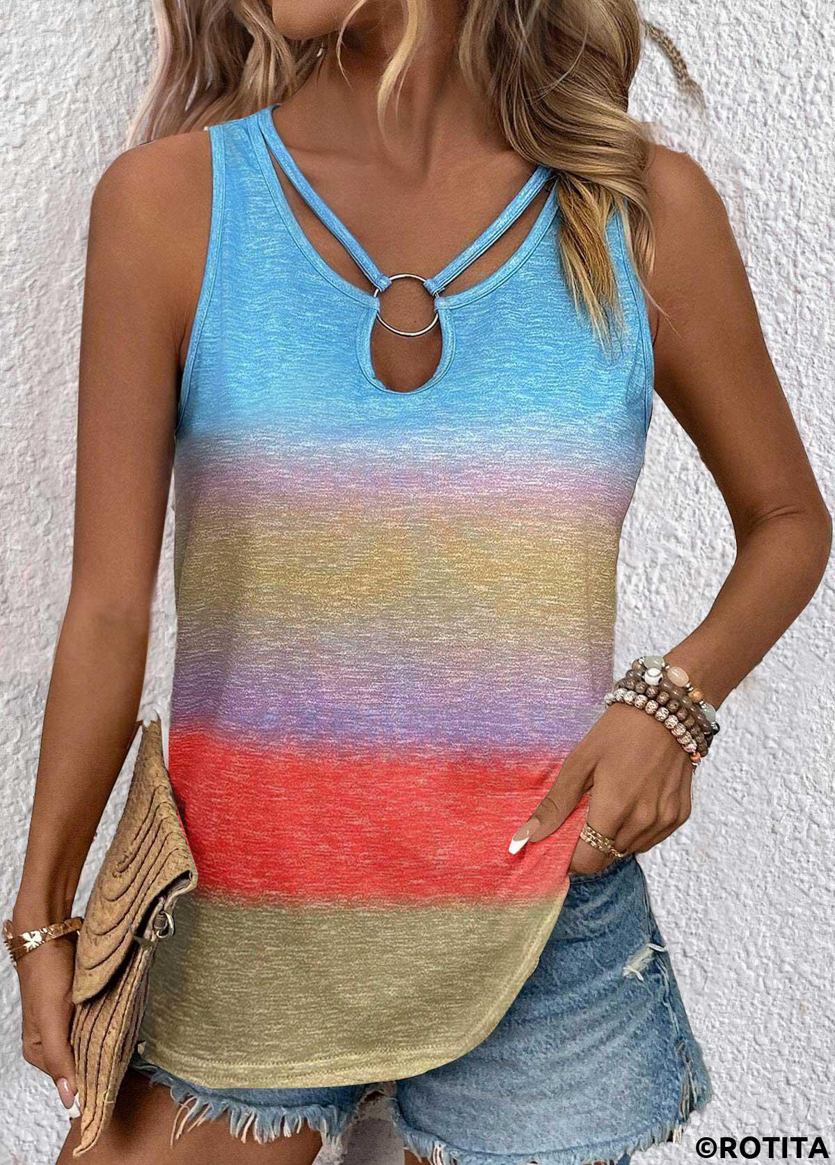 Multi Color tops,Rainbow Color tops,Ombre tops,ROTITA Circular Ring Ombre Multi Color Scoop Neck Tank Top