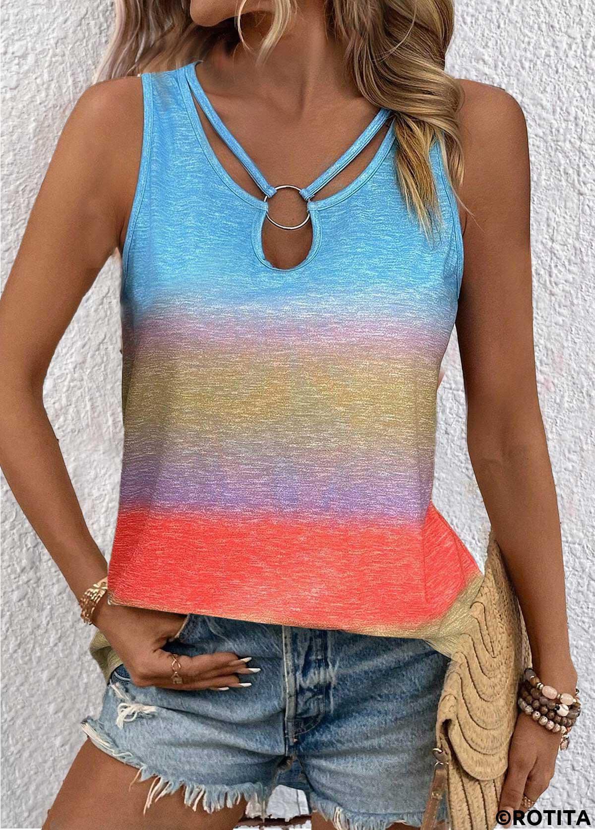 Multi Color tops,Rainbow Color tops,Ombre tops,ROTITA Circular Ring Ombre Multi Color Scoop Neck Tank Top