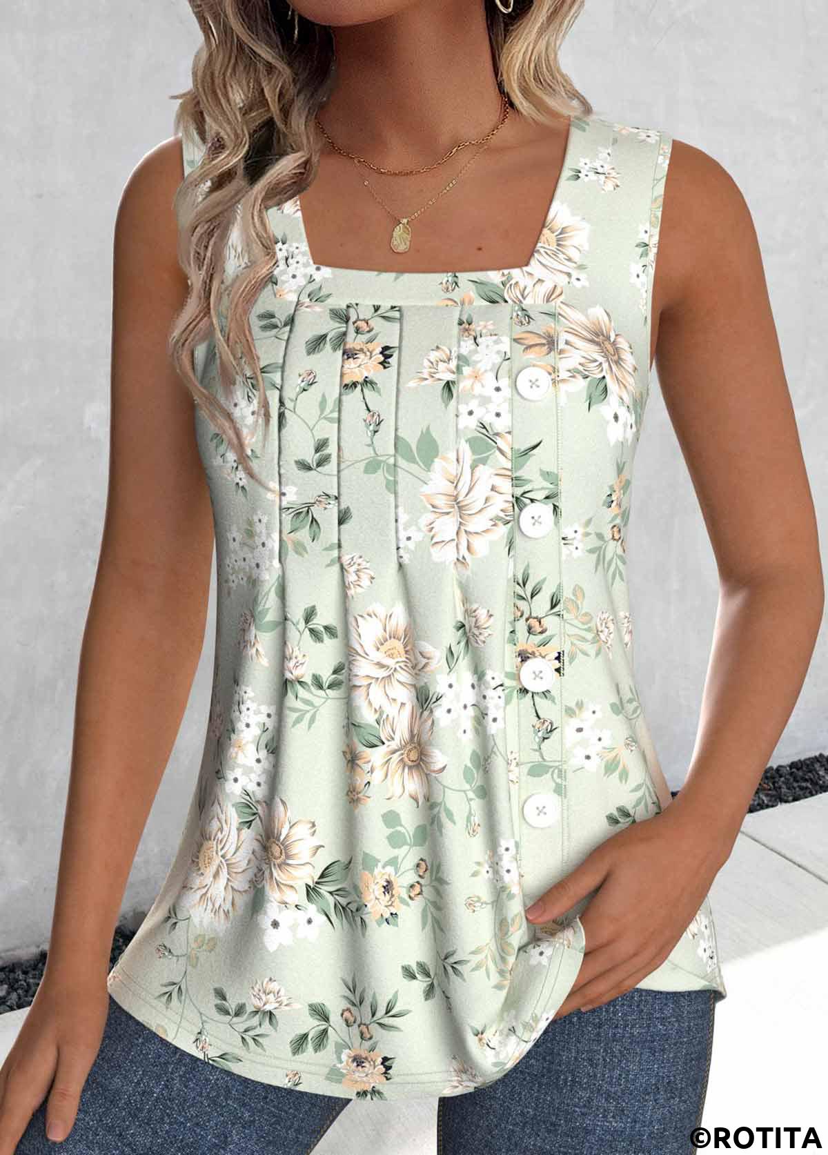 Sage Green tops,Floral tops,Plants tops,ROTITA Tuck Stitch Floral Print Sage Green Sleeveless Tank Top
