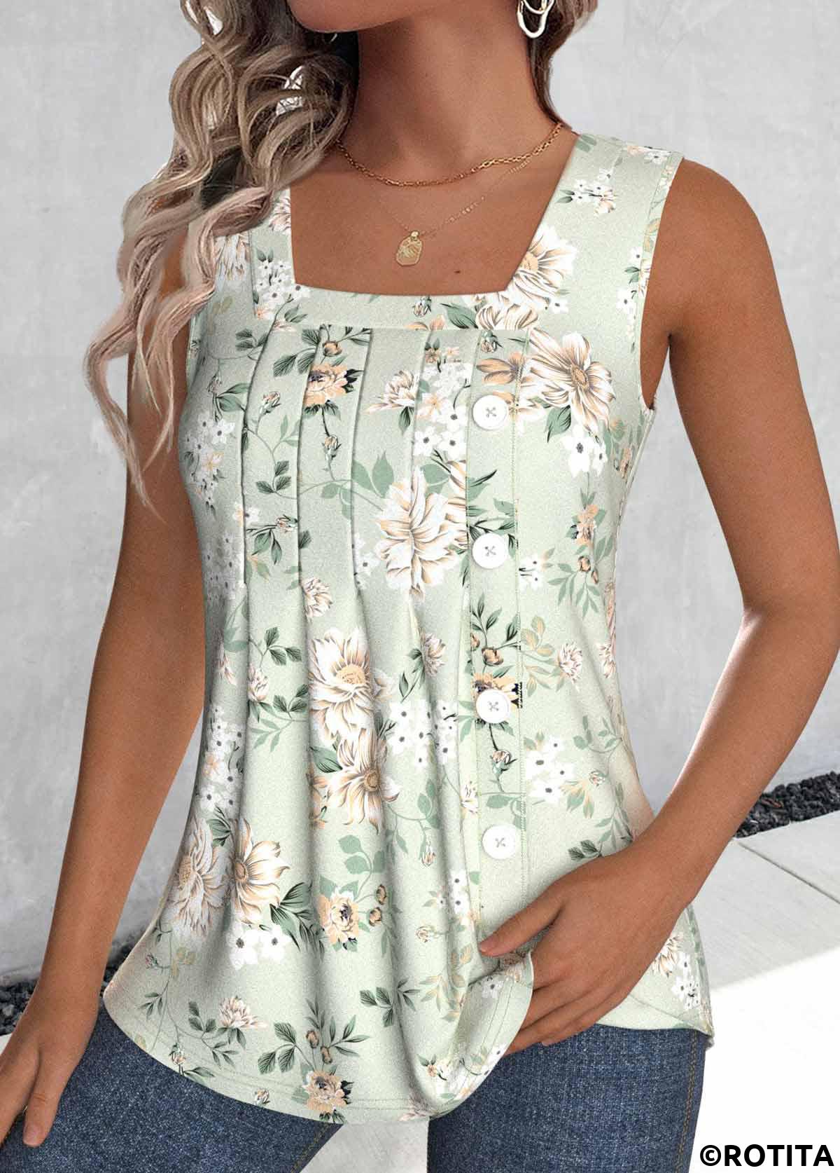 Sage Green tops,Floral tops,Plants tops,ROTITA Tuck Stitch Floral Print Sage Green Sleeveless Tank Top