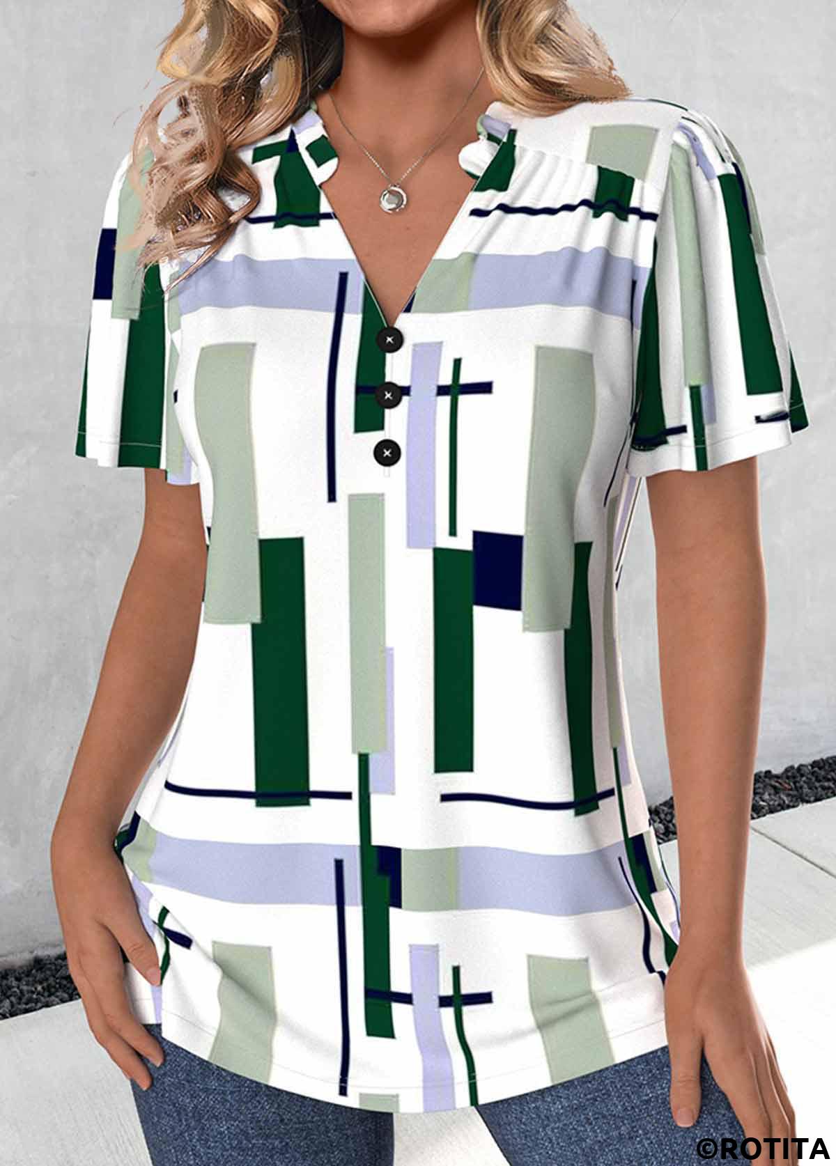 Mehrfarbige Rotita-Bluse mit geteiltem geometrischem Print und V-Ausschnitt