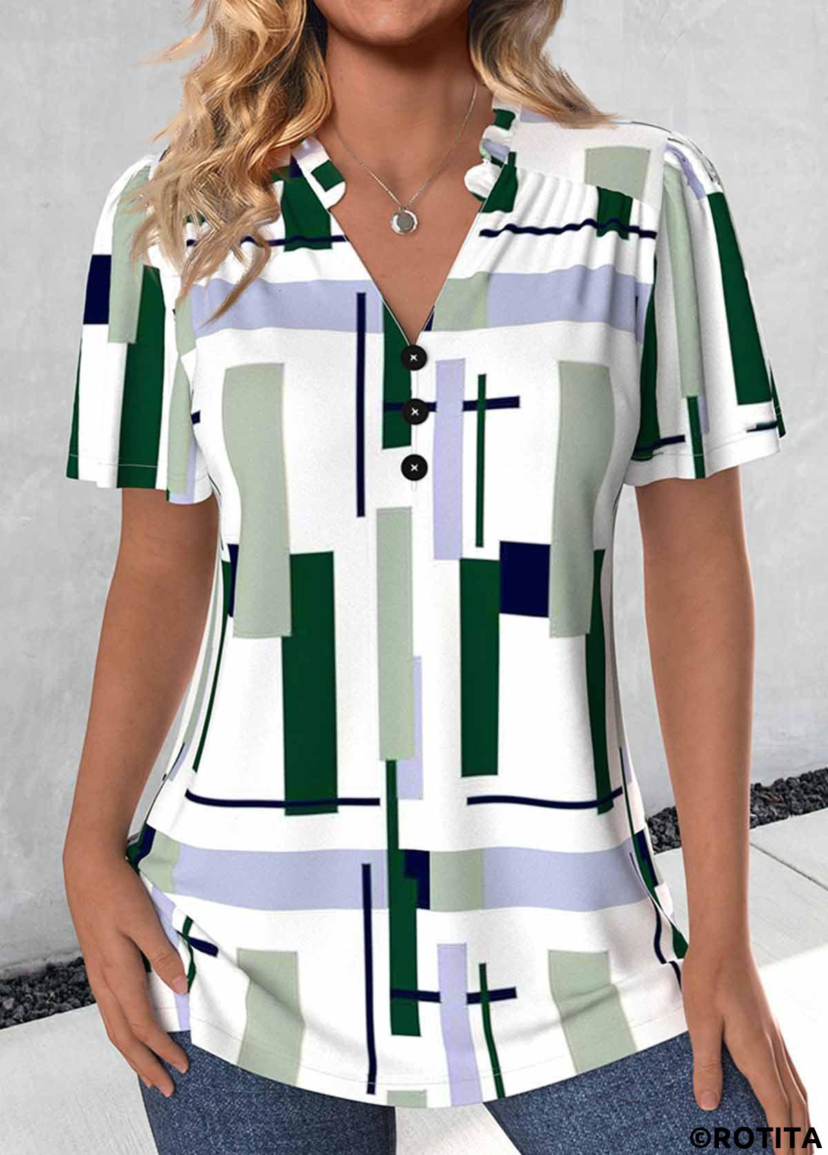Mehrfarbige Rotita-Bluse mit geteiltem geometrischem Print und V-Ausschnitt