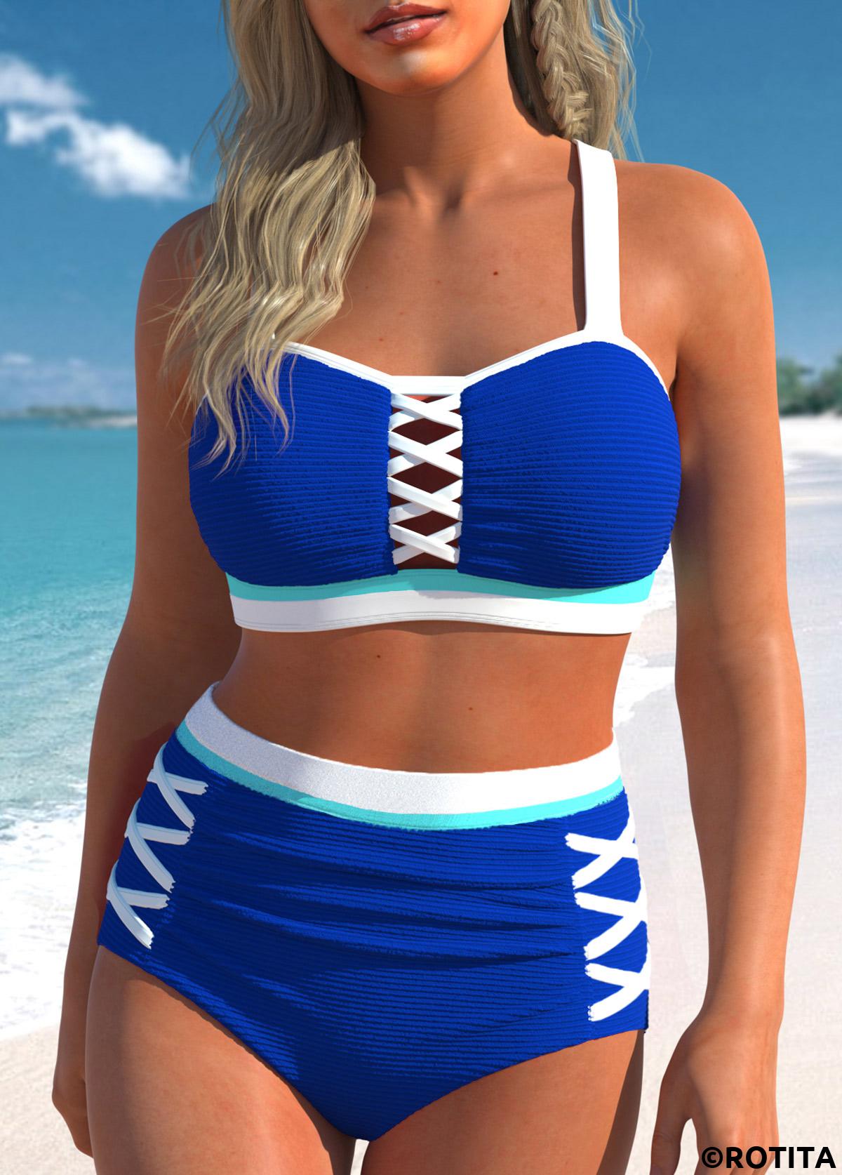 Royal Blue swimwear,Plain Color swimwear,ROTITA Criss Cross Patchwork Royal Blue Bikini Set