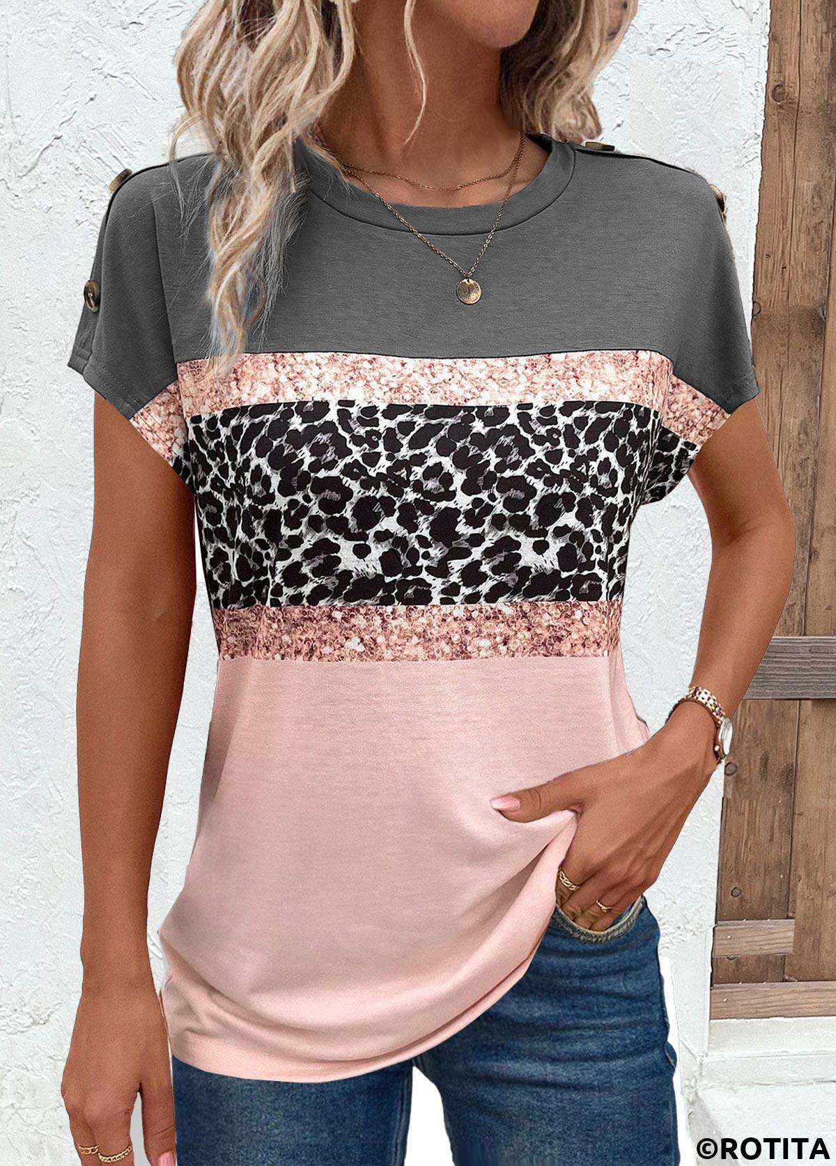 Button Leopard Pink Round Neck Short Sleeve T Shirt