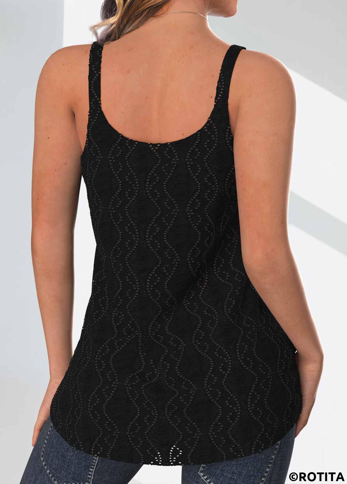 Black tops,Plain Color tops,ROTITA Textured Fabric Black V Neck Strappy Camisole Top
