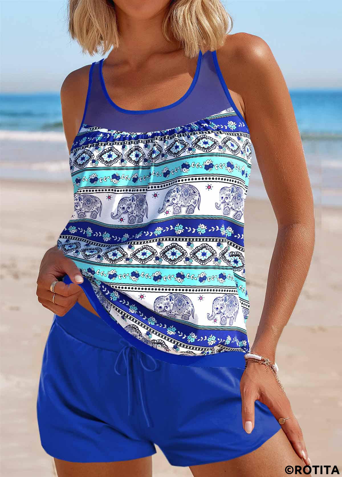 Purplish Blue swimwear,Tribal swimwear,Animal Print swimwear,Dot swimwear,Floral swimwear,ROTITA Mesh Purplish Blue Tribal Print Tankini Set