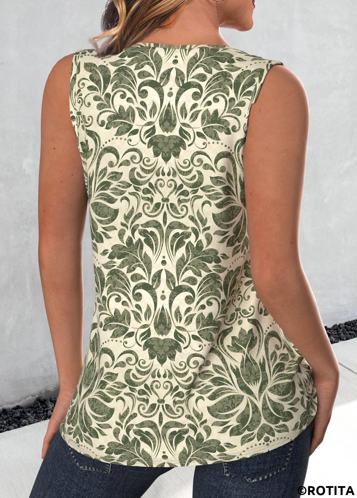 Sage Green tops,Tribal tops,ROTITA Embroidery Tribal Print Sage Green Round Neck Tank Top