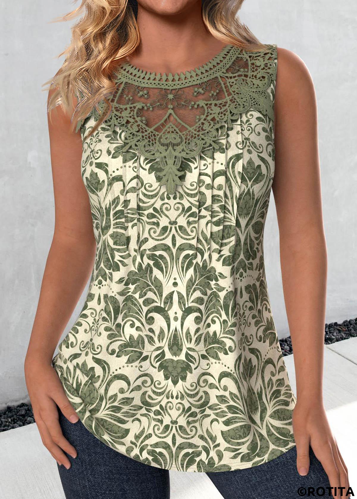 Sage Green tops,Tribal tops,ROTITA Embroidery Tribal Print Sage Green Round Neck Tank Top