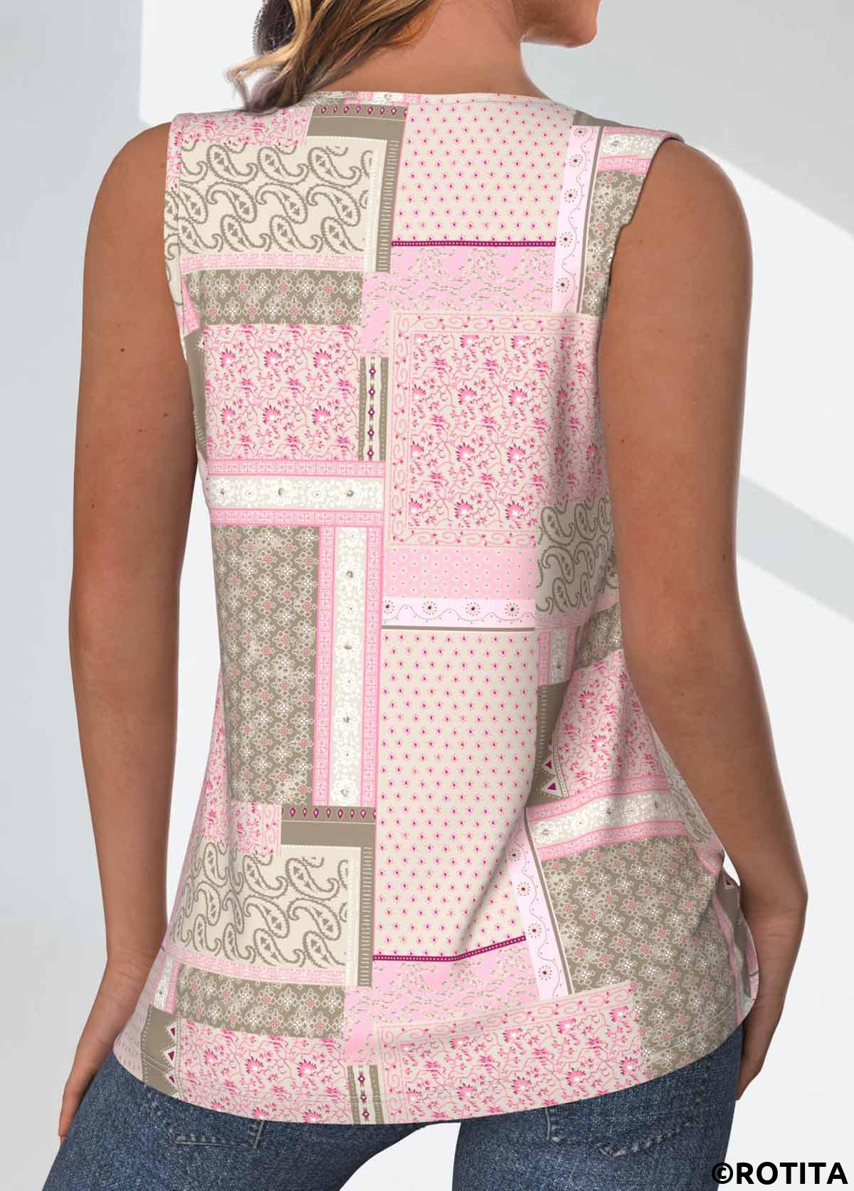 Light Pink tops,Tribal tops,ROTITA Tuck Stitch Patchwork Light Pink Round Neck Tank Top