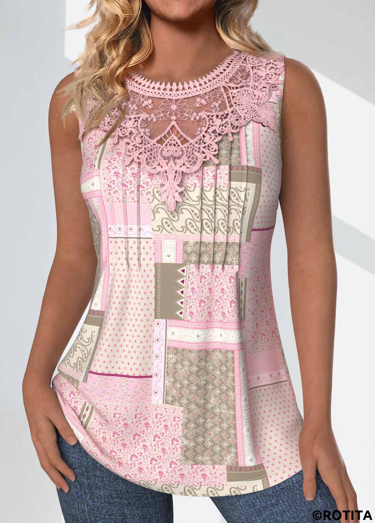 Light Pink tops,Tribal tops,ROTITA Tuck Stitch Patchwork Light Pink Round Neck Tank Top
