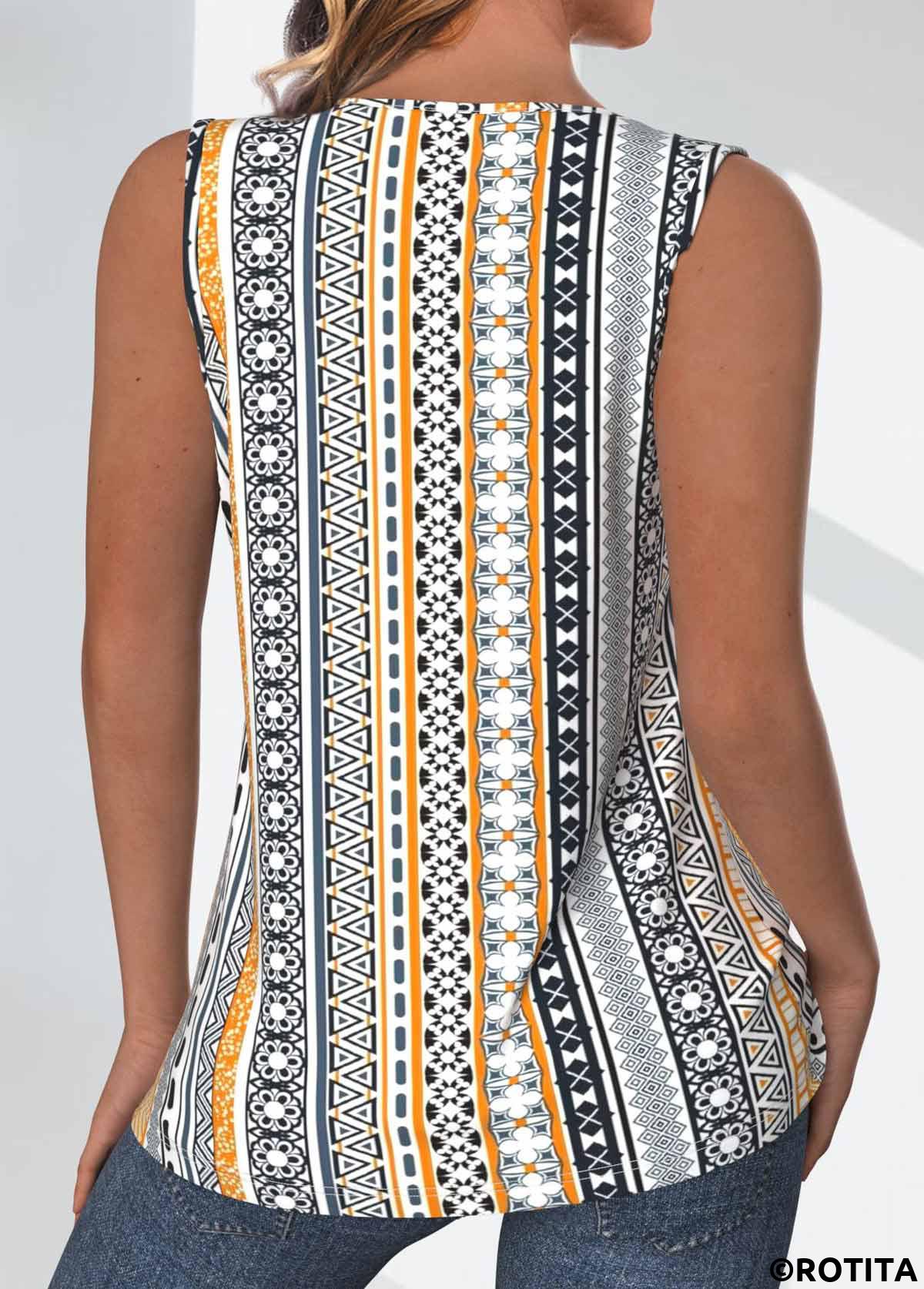 Light Yellow tops,Multi Color tops,Tribal tops,Striped tops,Geometric tops,Floral tops,ROTITA Tuck Stitch Tribal Print Light Yellow Sleeveless Tank Top