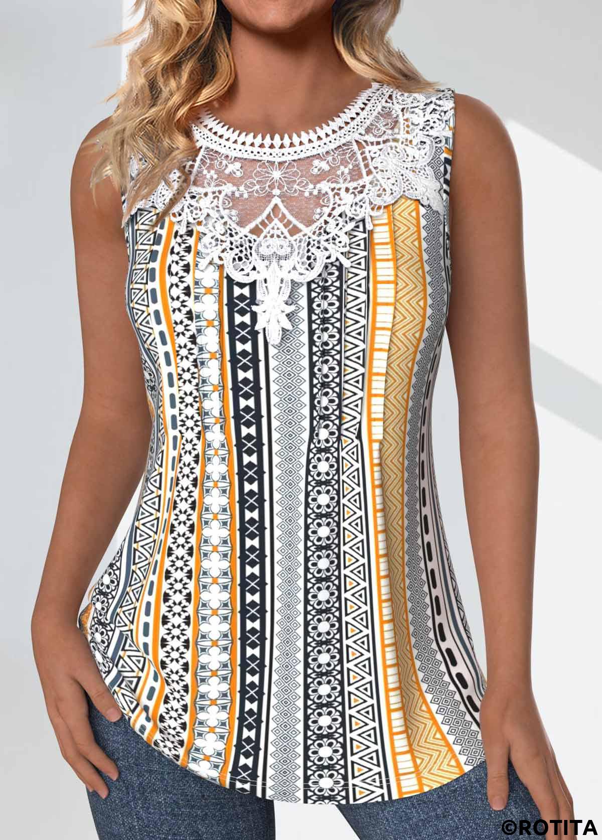 Light Yellow tops,Multi Color tops,Tribal tops,Striped tops,Geometric tops,Floral tops,ROTITA Tuck Stitch Tribal Print Light Yellow Sleeveless Tank Top