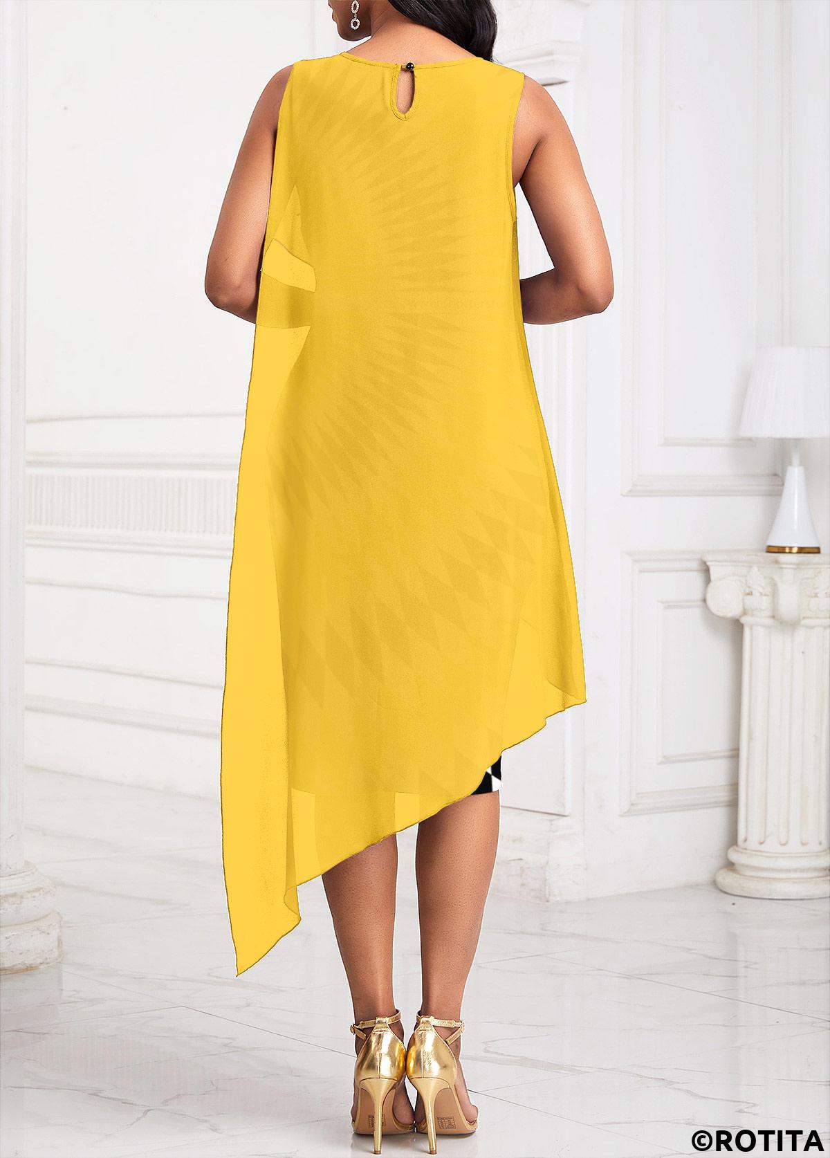 Yellow dresses,Striped dresses,Geometric dresses,Plaid dresses,Party dresses,Elegant dresses,ROTITA Patchwork Wave Pattern Print Yellow Round Neck Bodycon Dress