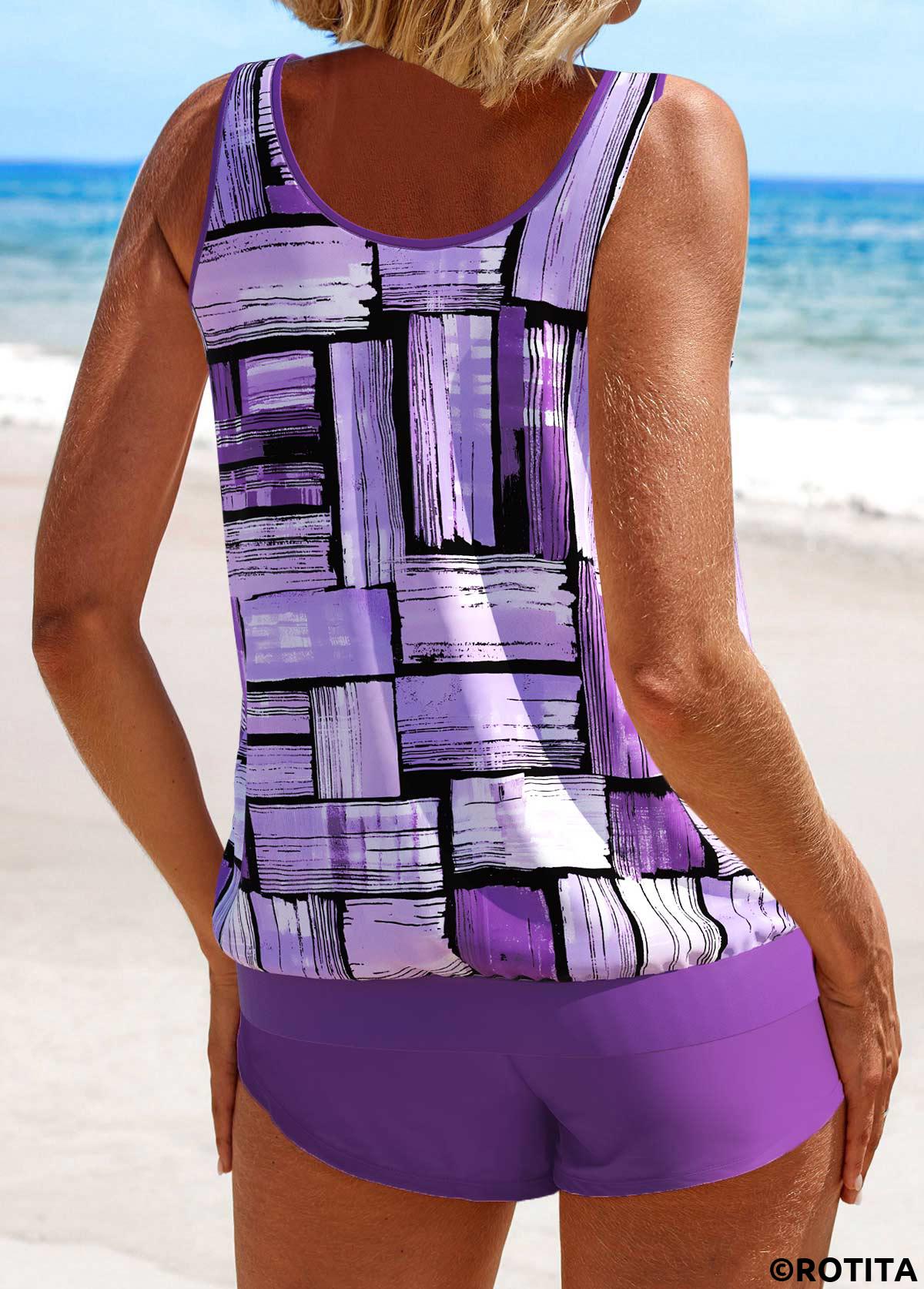 Purple swimwear,Geometric swimwear,Striped swimwear,Plaid swimwear,ROTITA Tie Purple Geometric Print Tankini Set