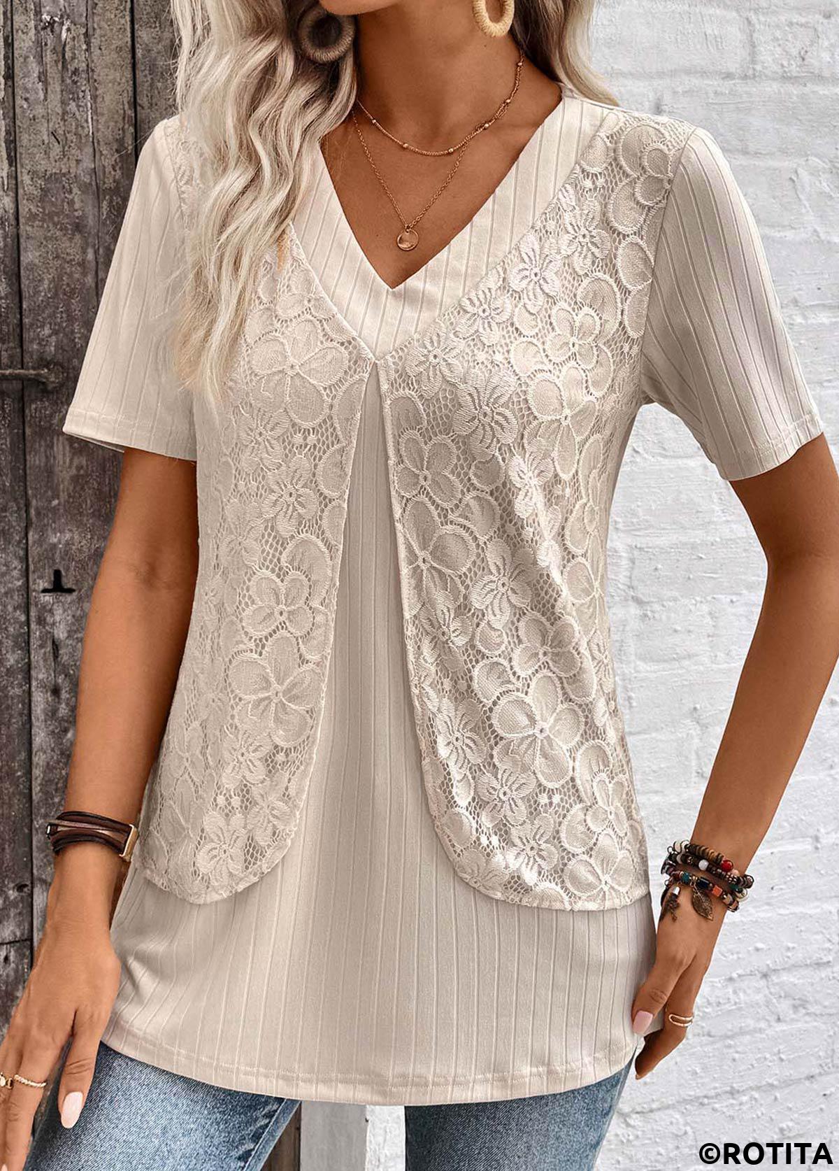 Light Camel tops,Plain Color tops,ROTITA Layered Light Camel V Neck Fake Two Piece Twinset