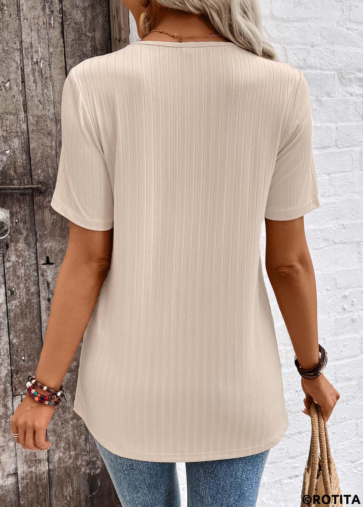 Light Camel tops,Plain Color tops,ROTITA Layered Light Camel V Neck Fake Two Piece Twinset